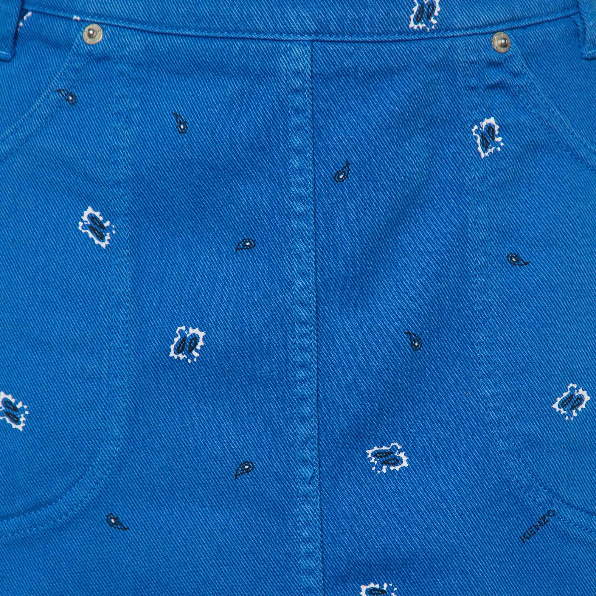 Kenzo Blue Printed Denim Mini Skirt M In New Condition For Sale In Dubai, Al Qouz 2