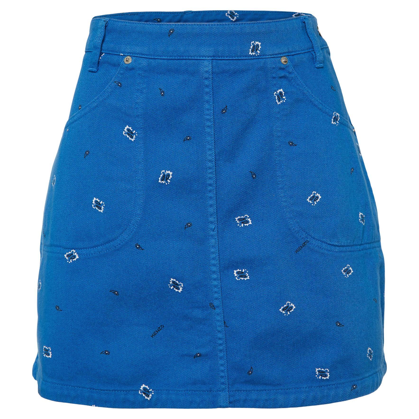 Kenzo Blue Printed Denim Mini Skirt M