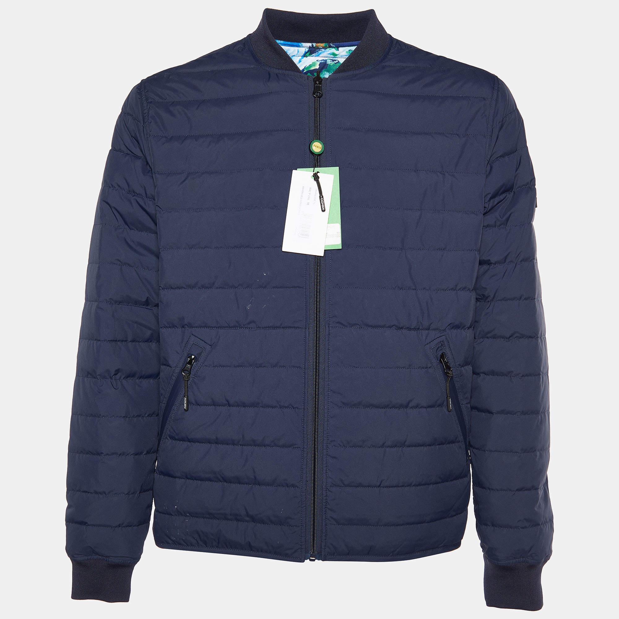  Kenzo Blue Printed Quilted Reversible Jacket M For Sale 6