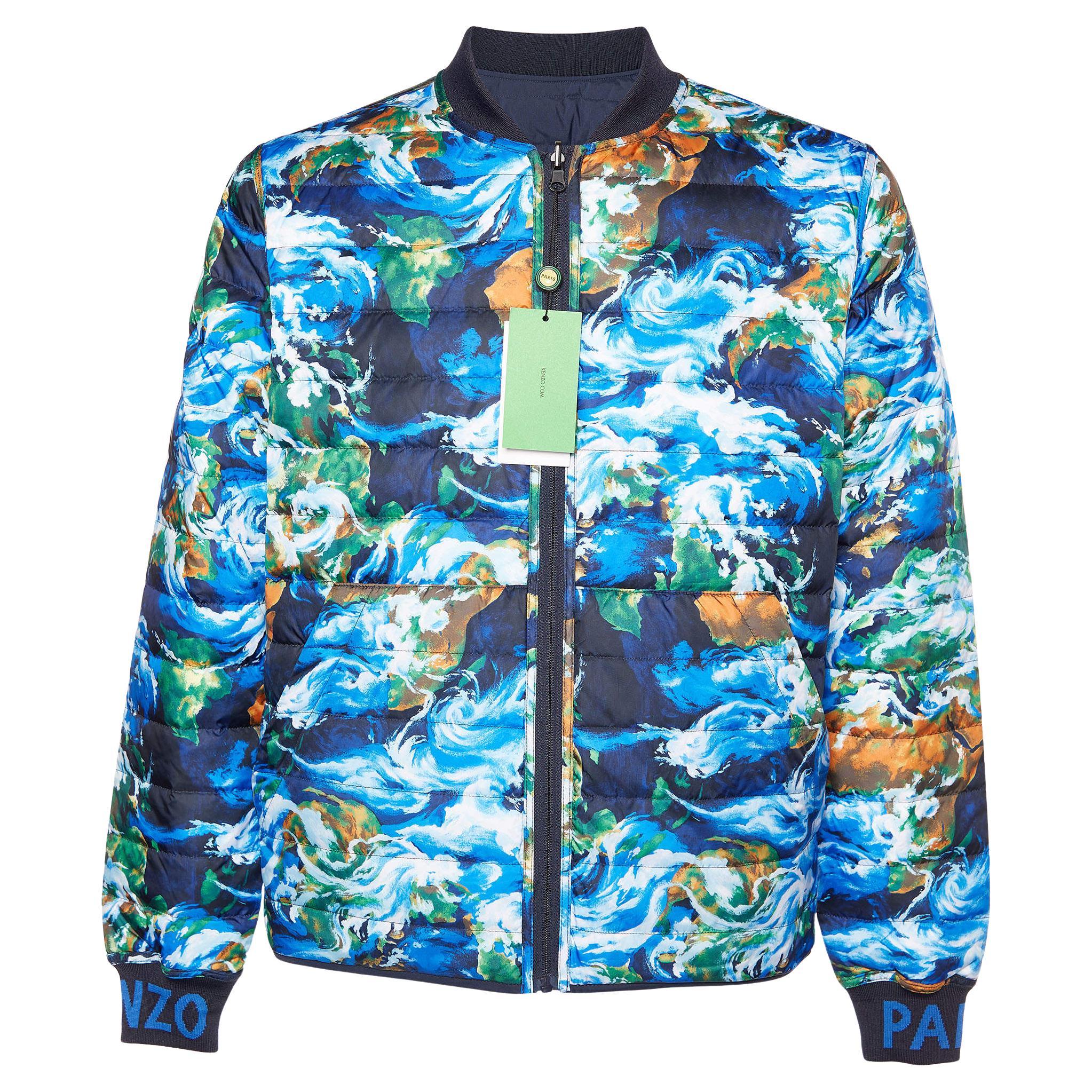  Kenzo Blue Printed Quilted Reversible Jacket M For Sale