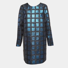 Kenzo Blue Square Lurex V-Neck Shift Dress L