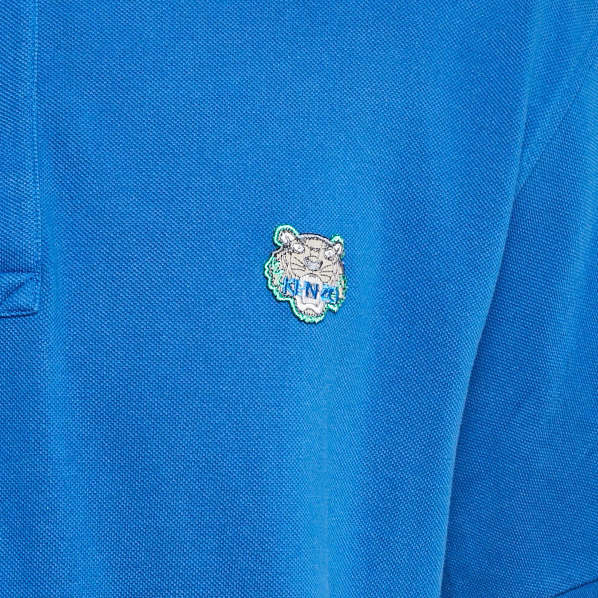 Kenzo Blue Tiger Applique Cotton Pique Polo T-Shirt XL In Good Condition For Sale In Dubai, Al Qouz 2