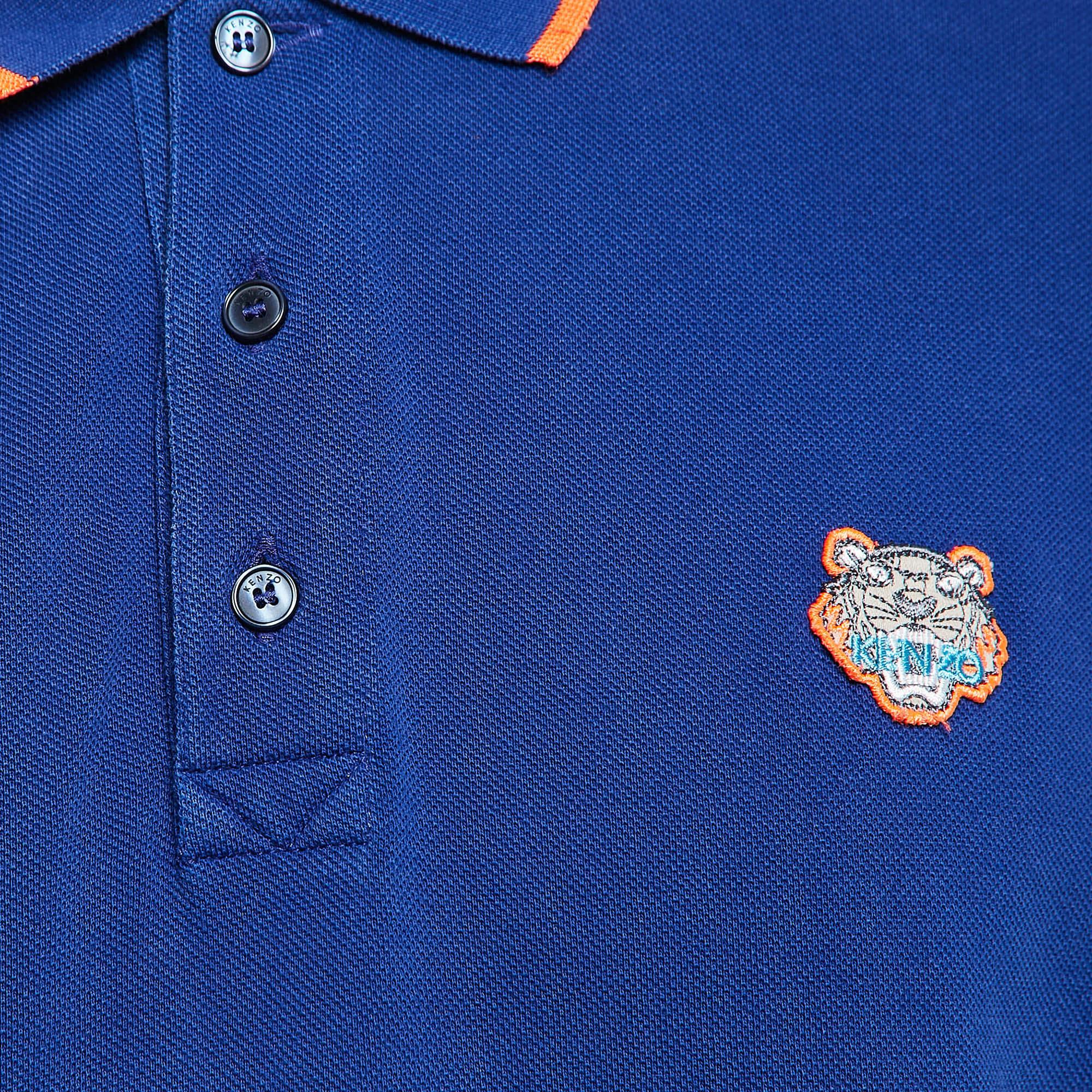 Blu Kenzo - Maglietta Polo in piqué di cotone con tigre blu applicata XL in vendita