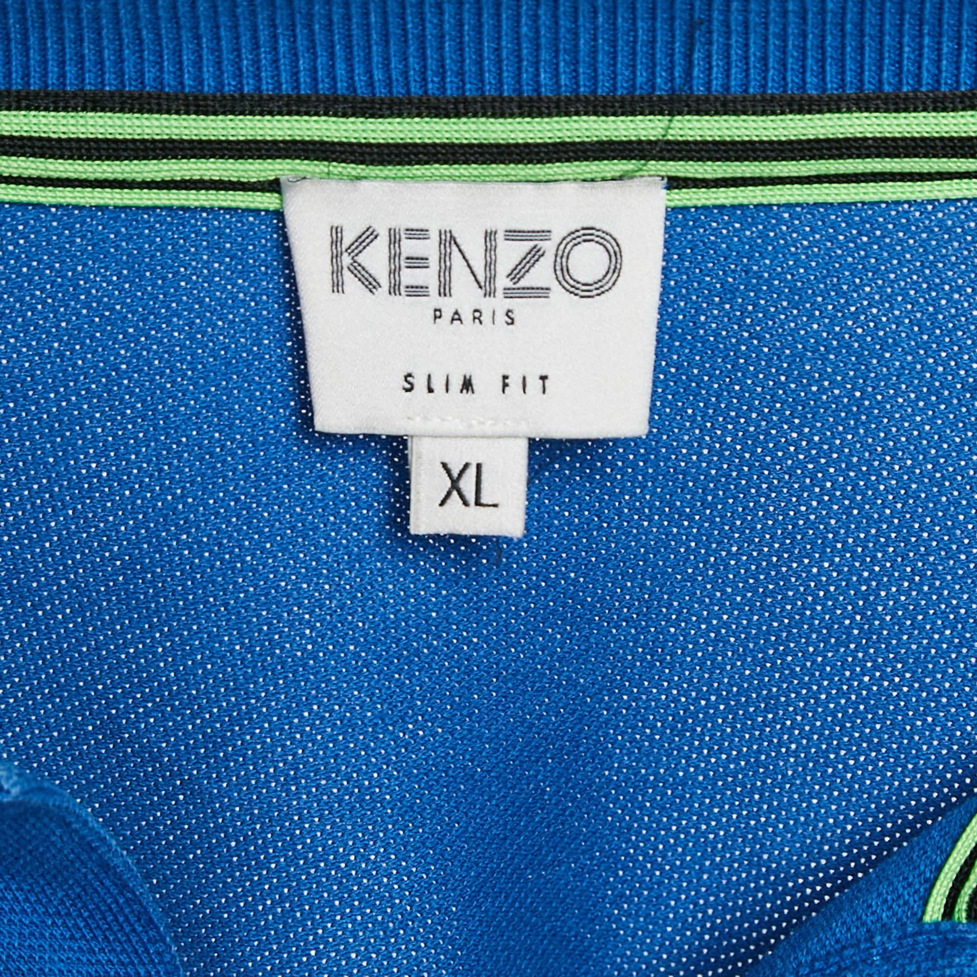 Men's Kenzo Blue Tiger Applique Cotton Pique Polo T-Shirt XL For Sale