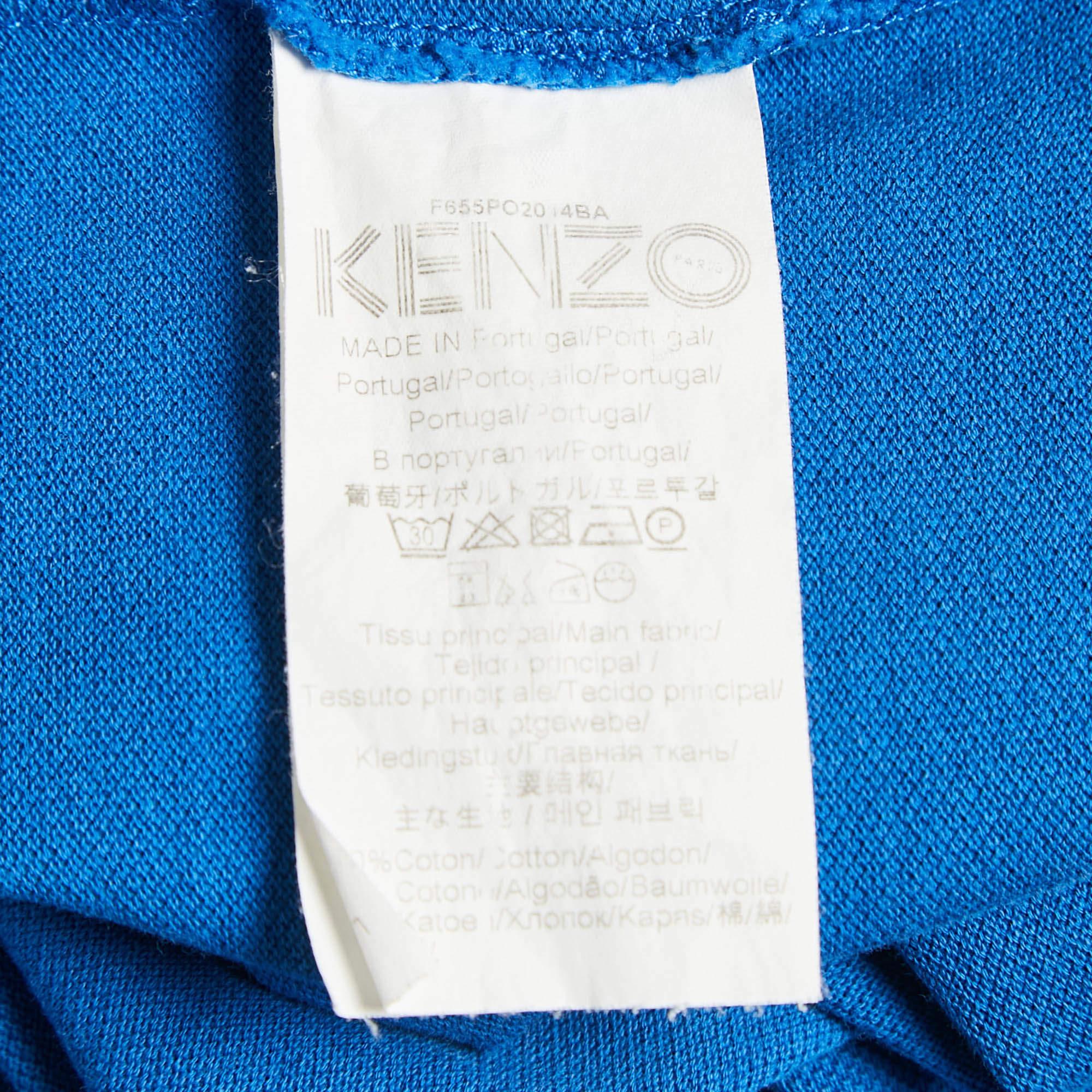 Kenzo Blue Tiger Applique Cotton Pique Polo T-Shirt XL For Sale 1