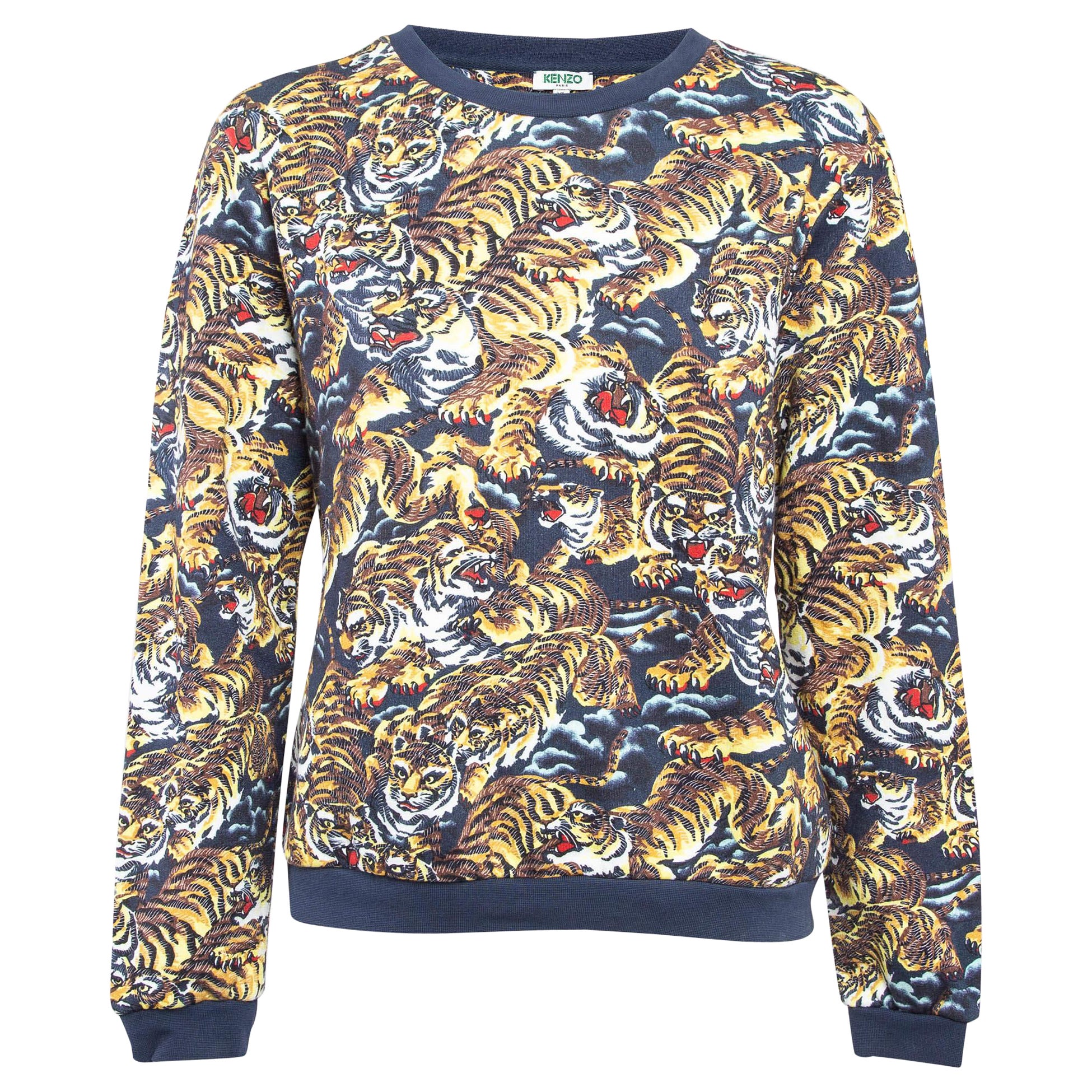 Kenzo Blue Tiger Print Cotton Crew Neck Sweatshirt XL