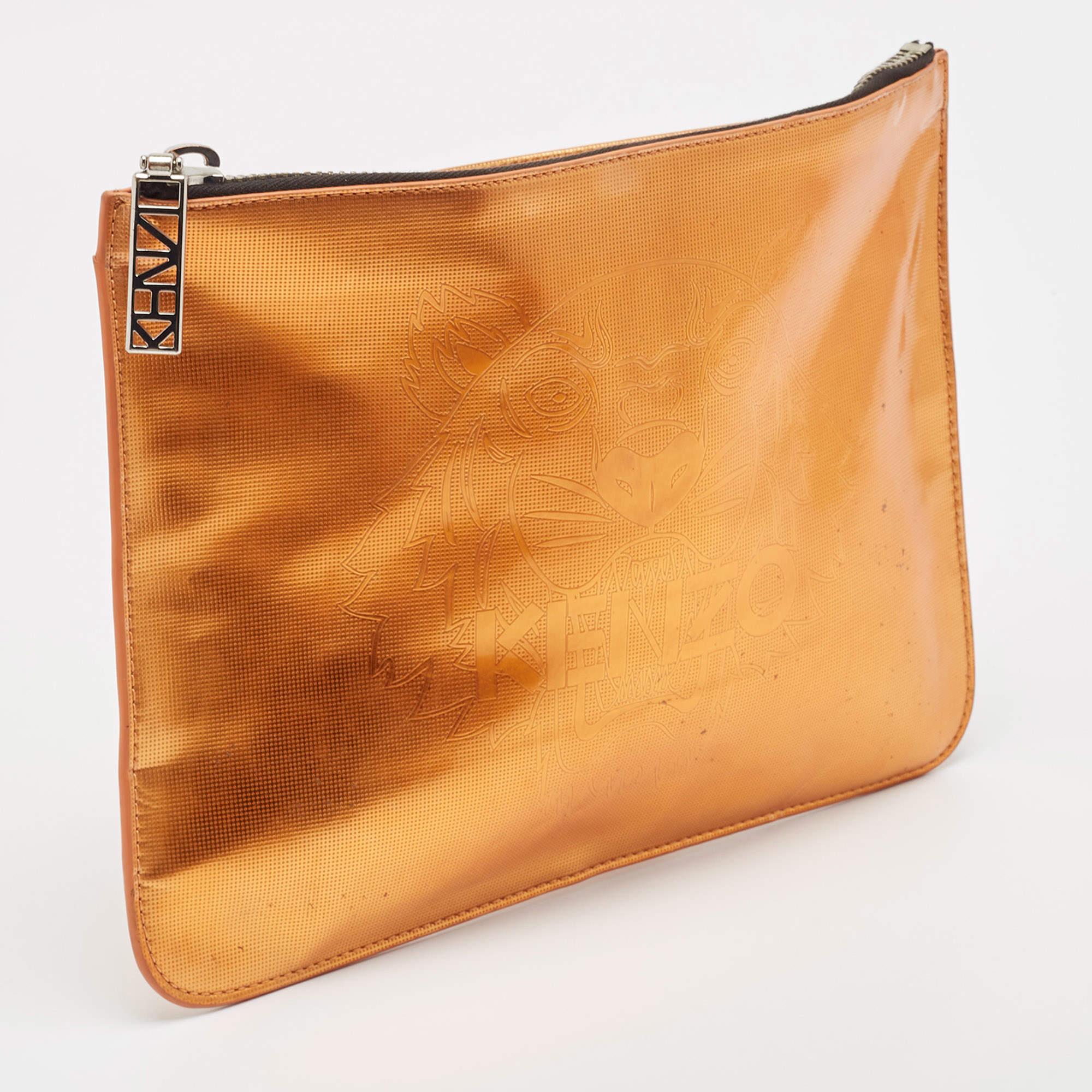 Orange Kenzo Bronze Vinyl Tiger Motif Slim Clutch