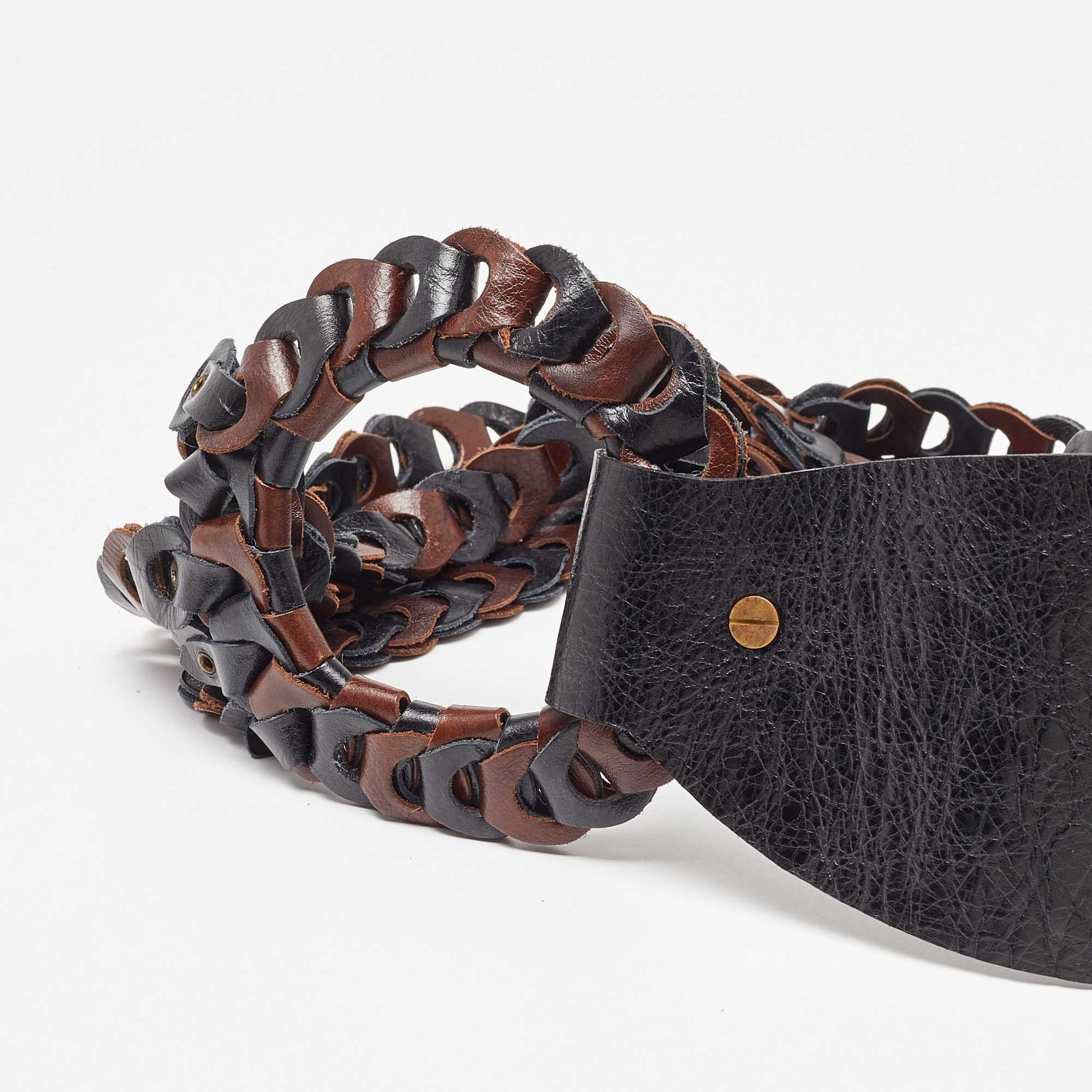Kenzo Brown/Black Link Leather Round Buckle Waist Belt In Good Condition For Sale In Dubai, Al Qouz 2