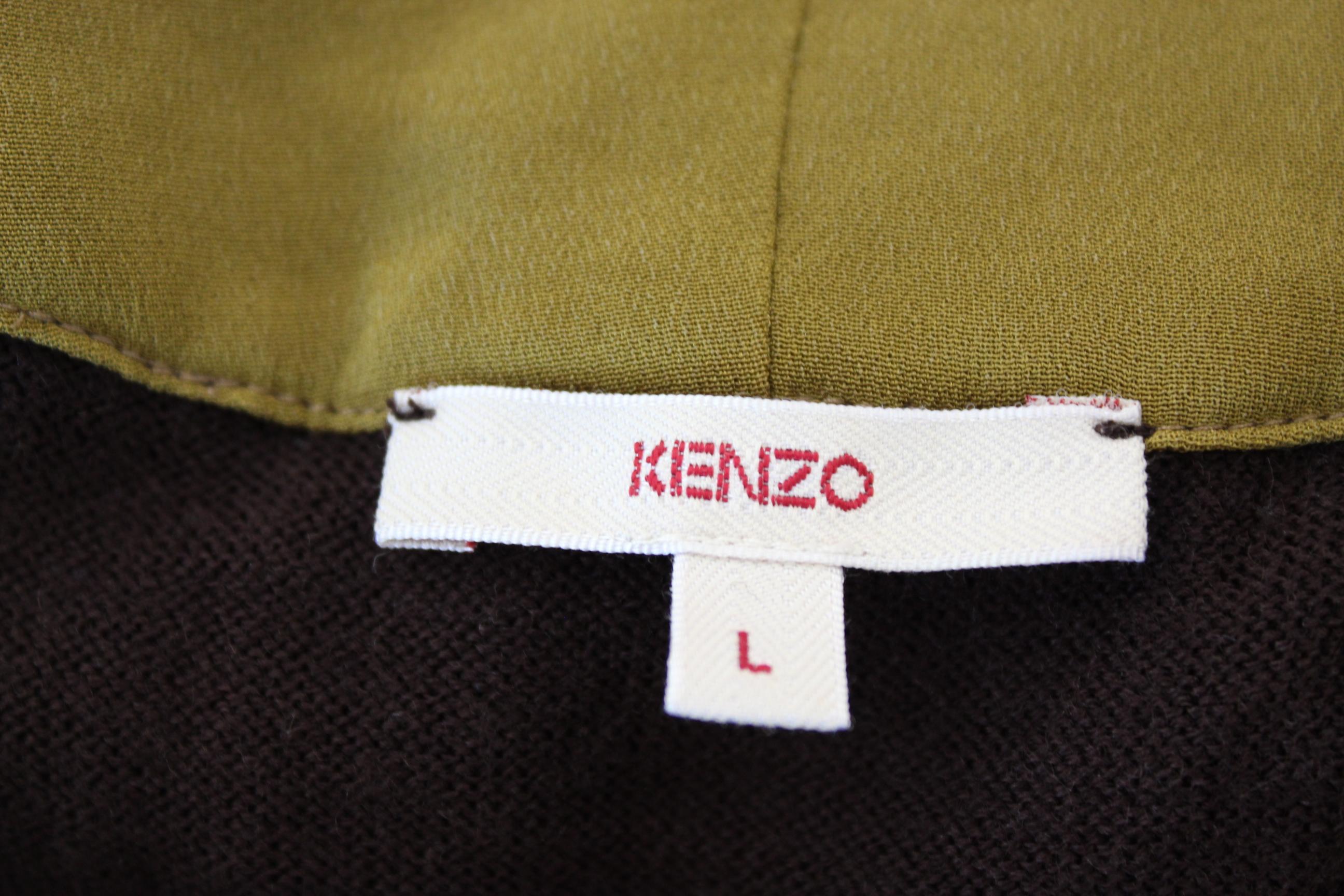 Kenzo Brown Green Wool Silk Check Pinstripe Long Dress 1