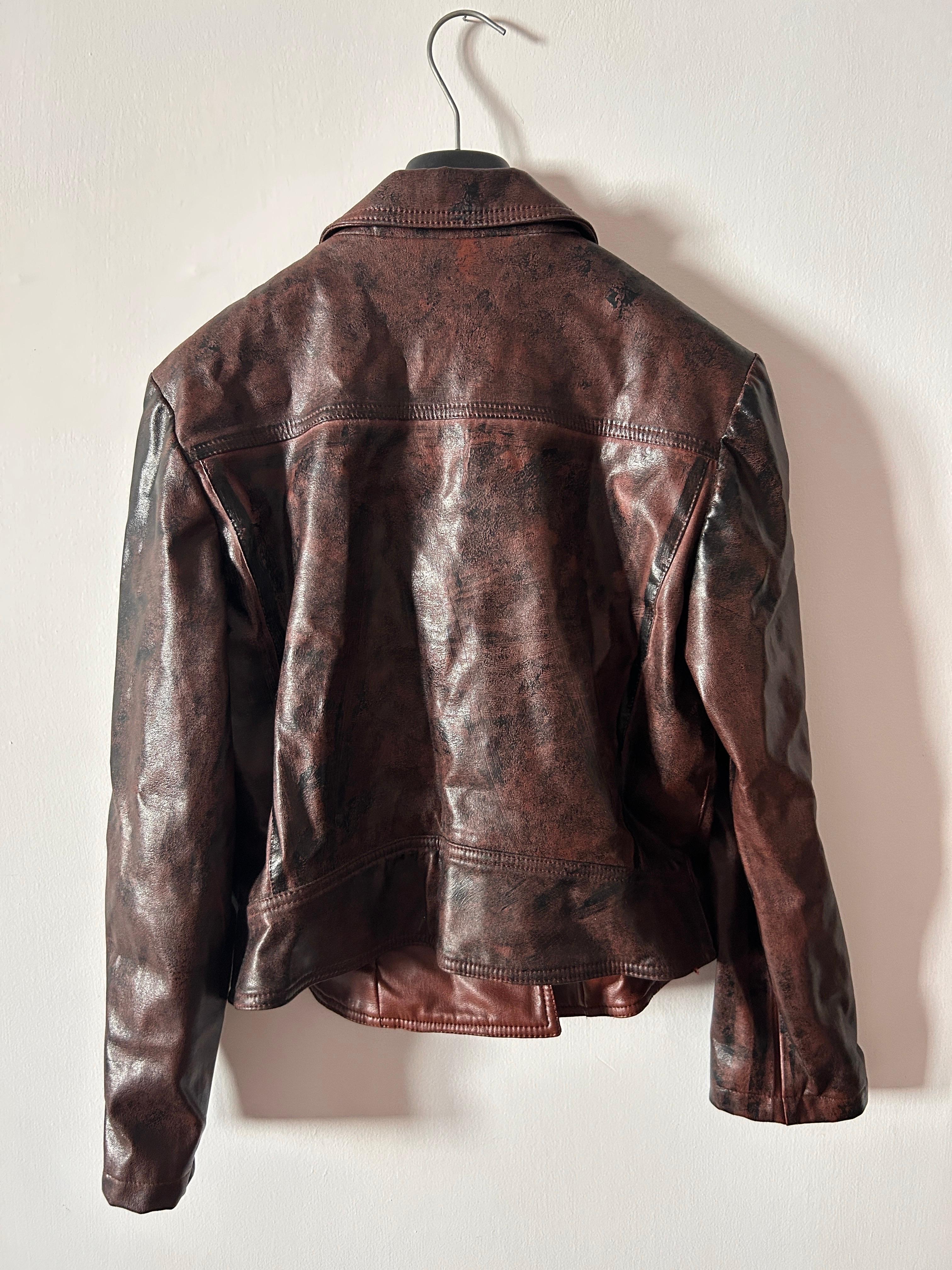 Nero Giacca biker Kenzo in vernice marrone con fiori vintage anni '90