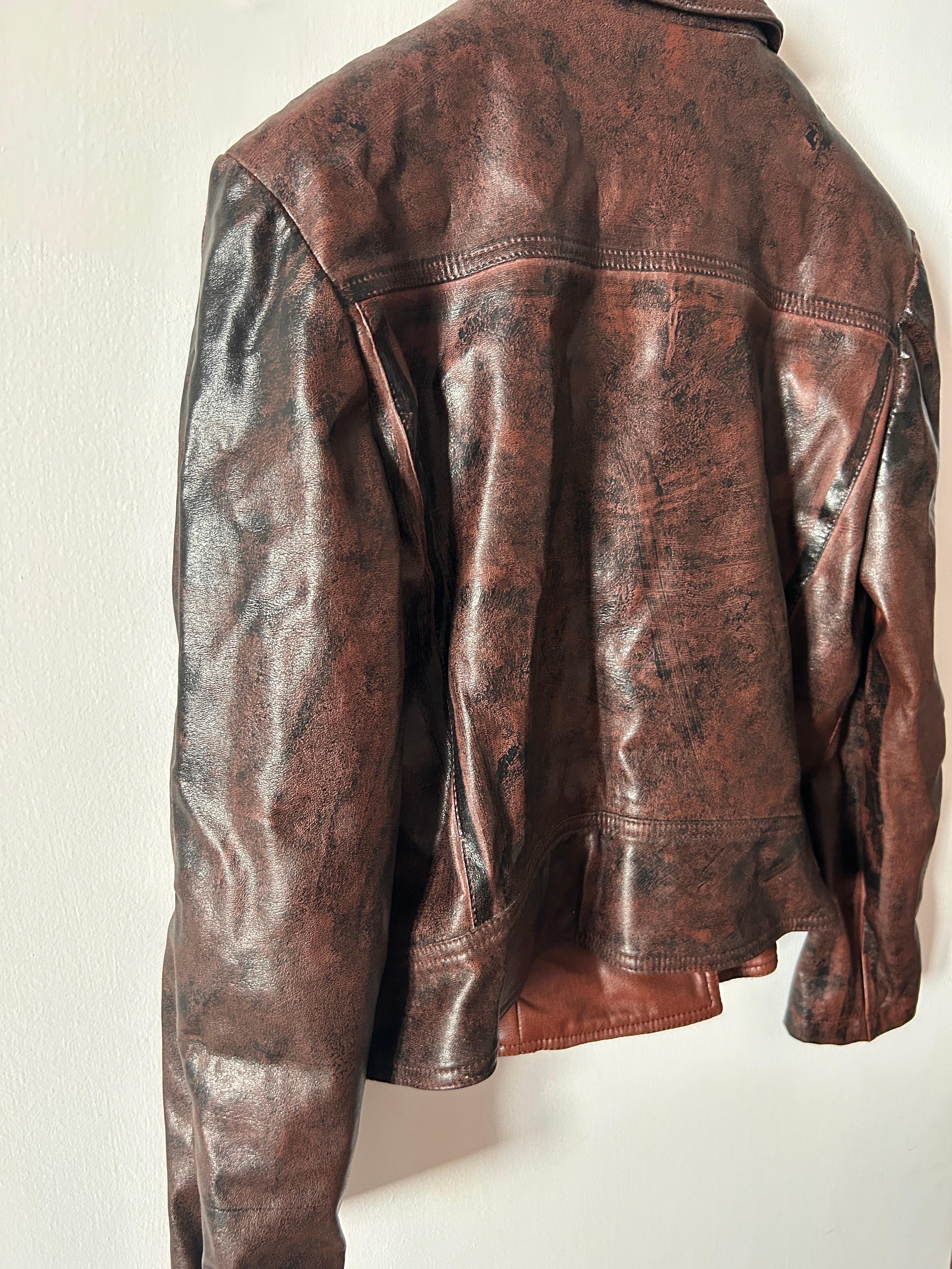 Donna Giacca biker Kenzo in vernice marrone con fiori vintage anni '90
