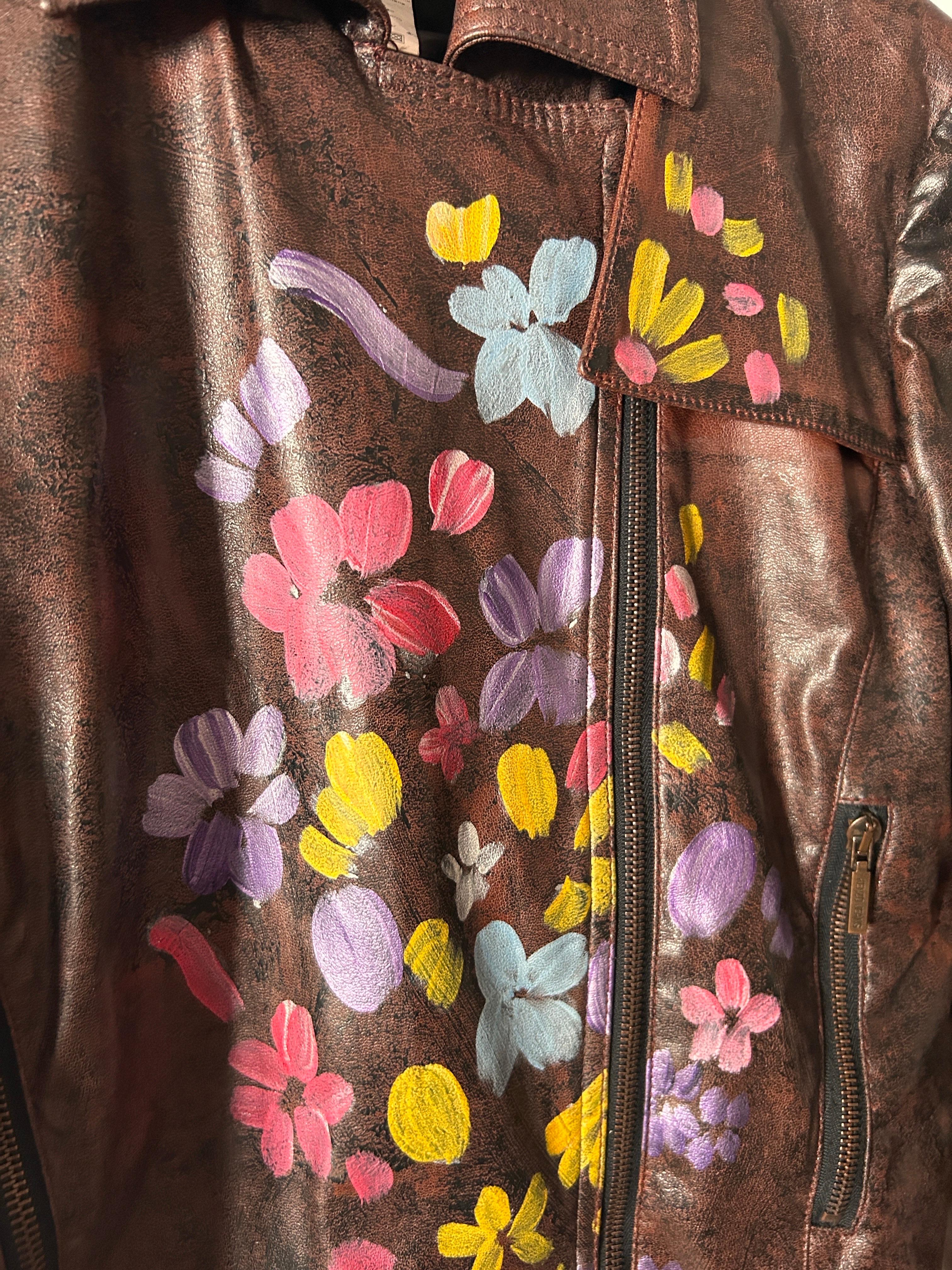 Giacca biker Kenzo in vernice marrone con fiori vintage anni '90 3