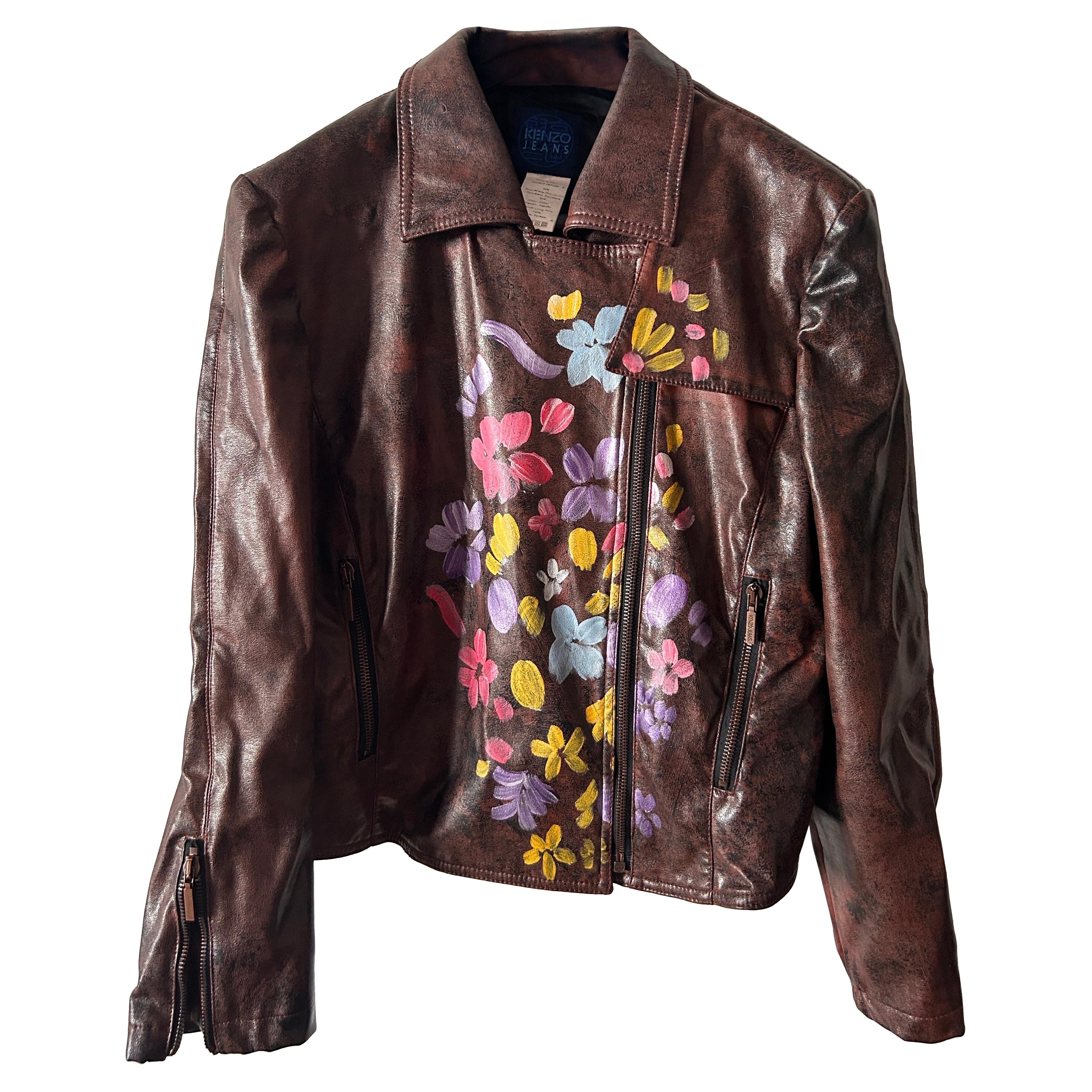 Giacca biker Kenzo in vernice marrone con fiori vintage anni '90