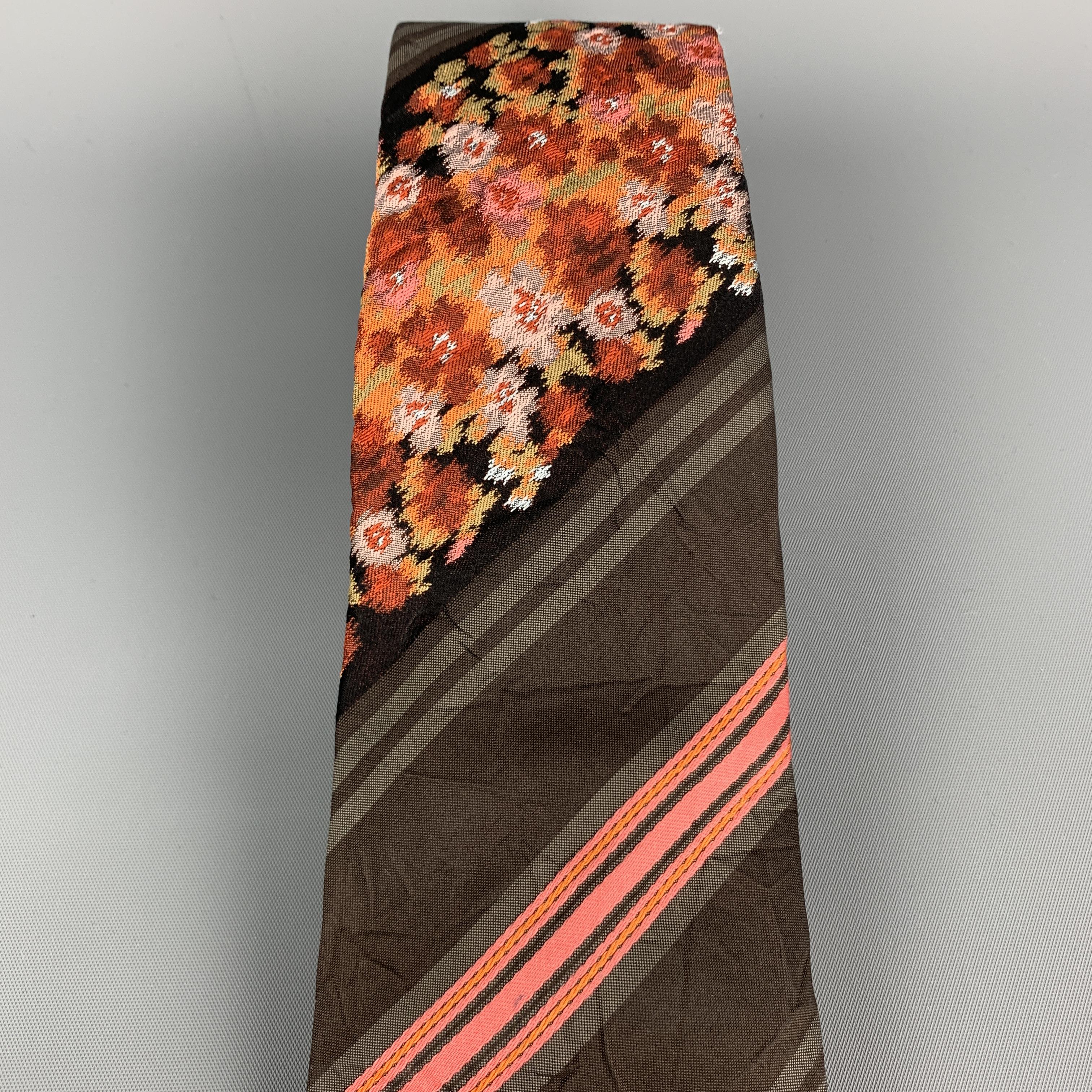 Black KENZO Brown & Pink Floral Striped Textured Silk Tie