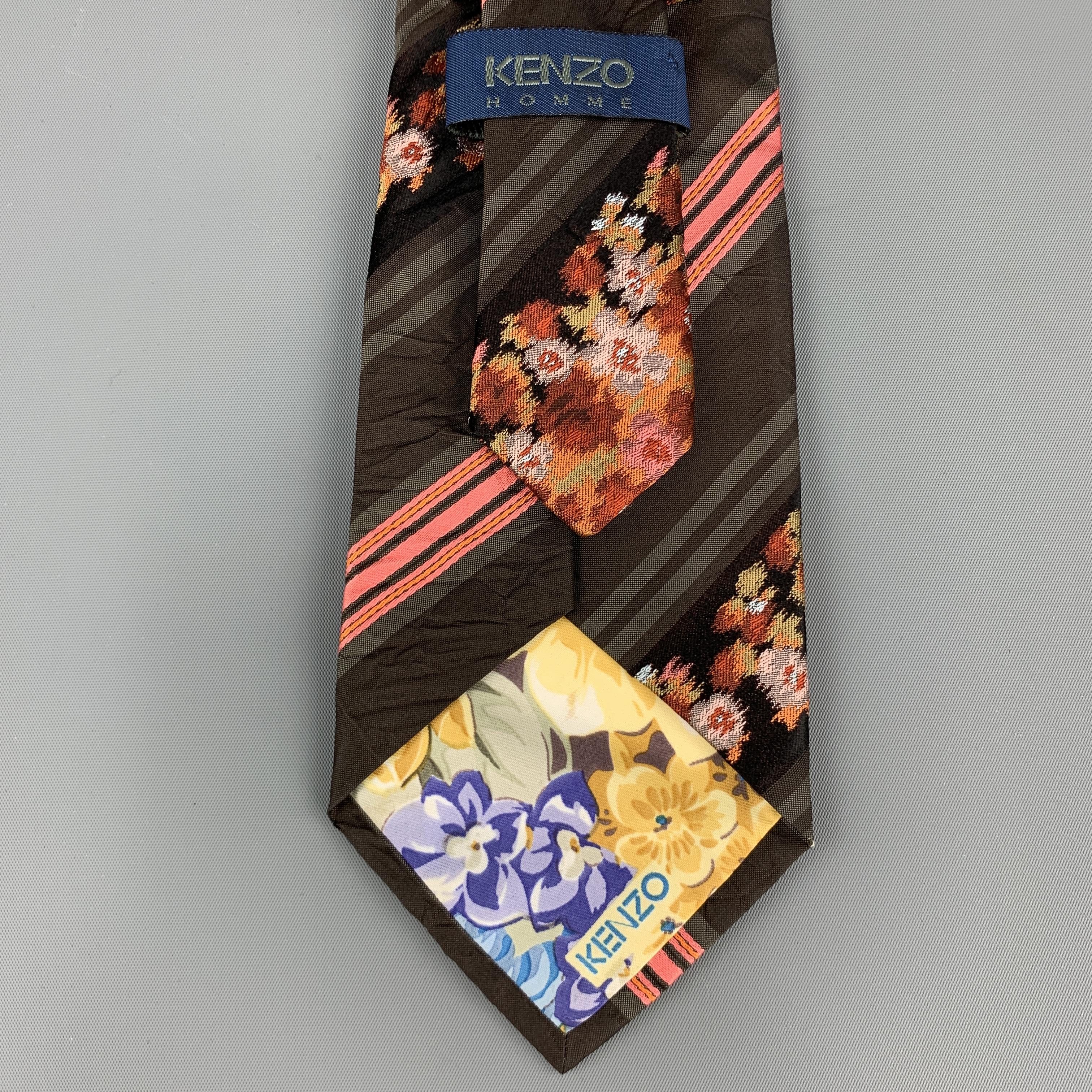 KENZO Brown & Pink Floral Striped Textured Silk Tie In Excellent Condition In San Francisco, CA