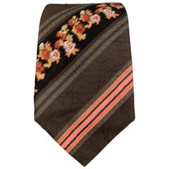 KENZO Brown & Pink Floral Striped Textured Silk Tie