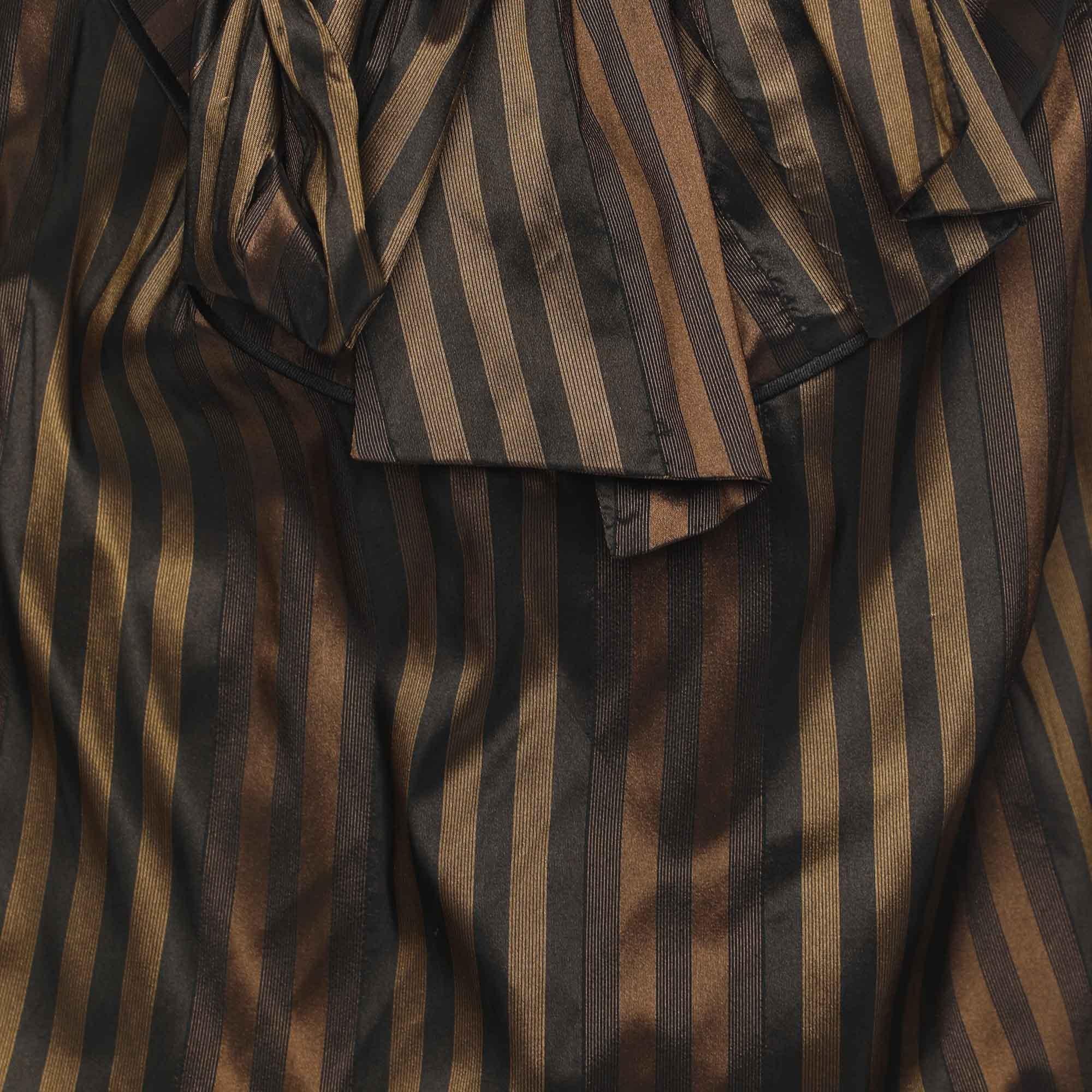 Black Kenzo Brown Striped Silk Blend Bow Detail Ruffled Blouse S For Sale
