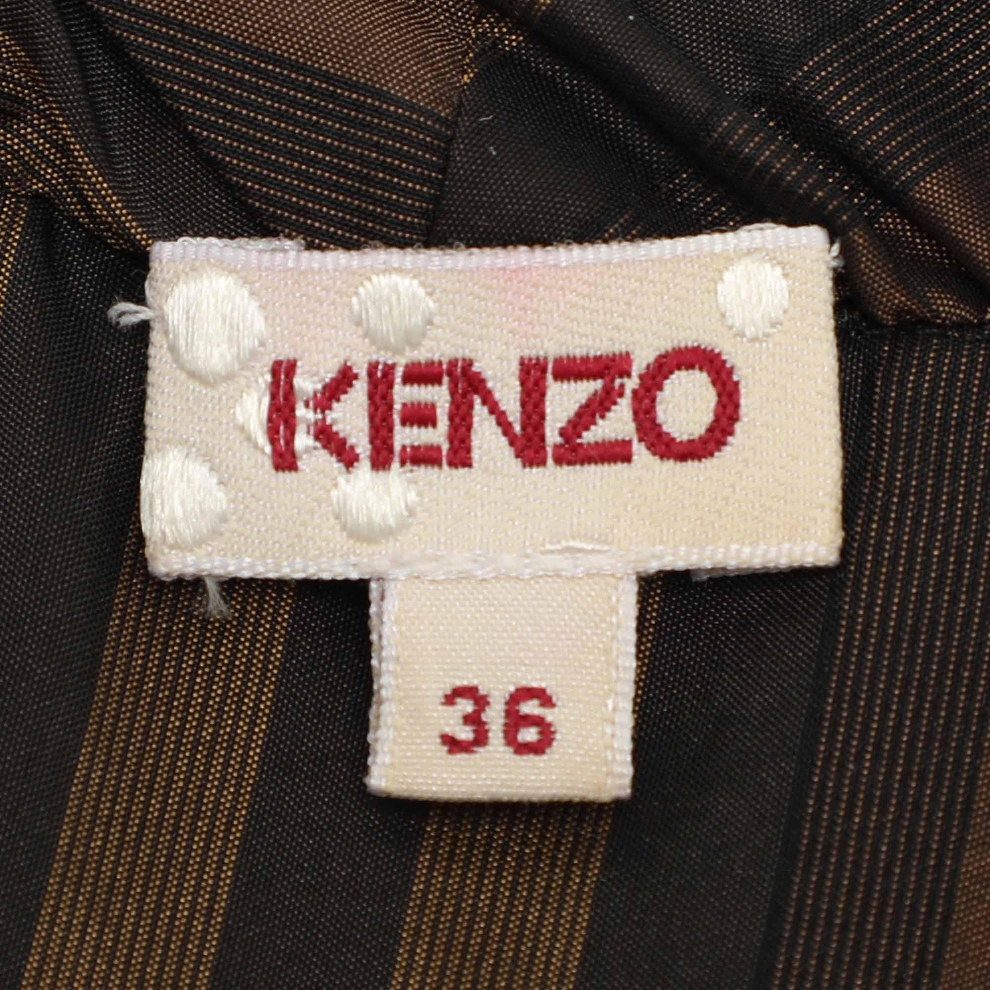 Kenzo Brown Striped Silk Blend Bow Detail Ruffled Blouse S In Good Condition For Sale In Dubai, Al Qouz 2