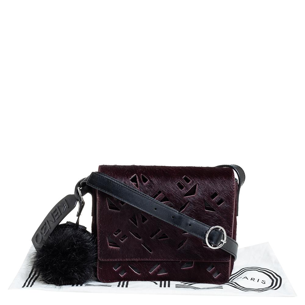 Kenzo Burgundy/Black Calfhair and Leather Lazer Cut Flap Shoulder Bag 5