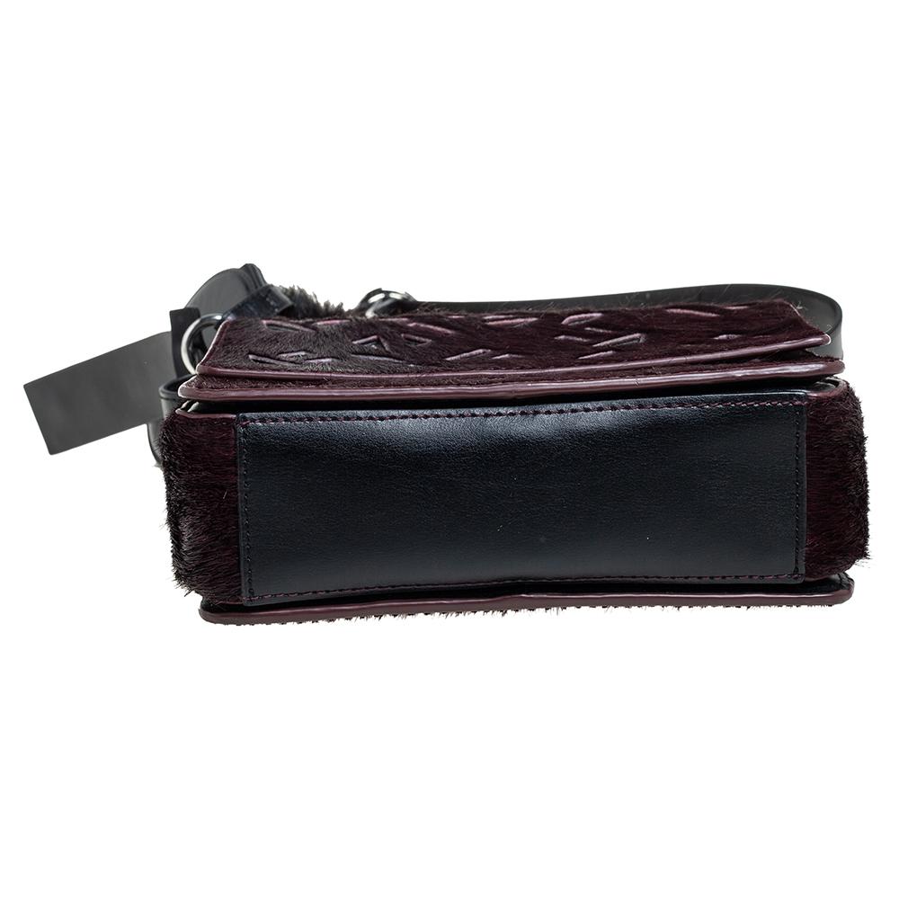 Kenzo Burgundy/Black Calfhair and Leather Lazer Cut Flap Shoulder Bag In Good Condition In Dubai, Al Qouz 2