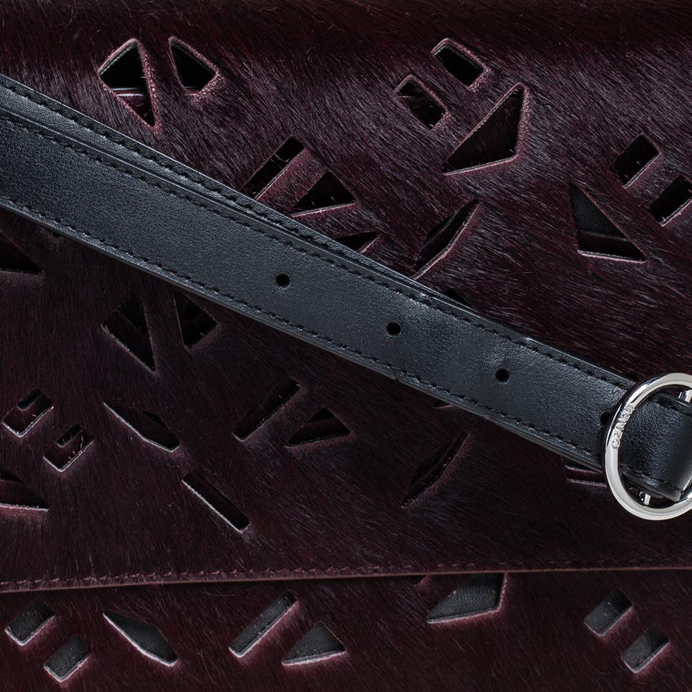 Women's Kenzo Burgundy/Black Calfhair and Leather Lazer Cut Flap Shoulder Bag