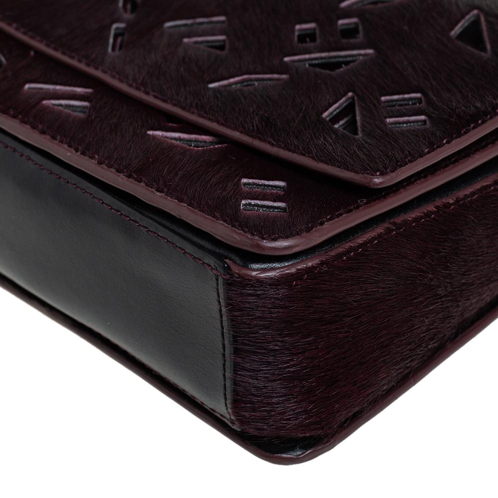 Kenzo Burgundy/Black Calfhair and Leather Lazer Cut Flap Shoulder Bag 3