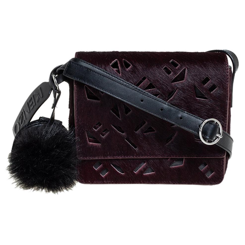 Kenzo Burgundy/Black Calfhair and Leather Lazer Cut Flap Shoulder Bag