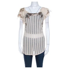 Kenzo Buttercream Foil Print Striped Knit Layered Tulle Sleeve Top XL