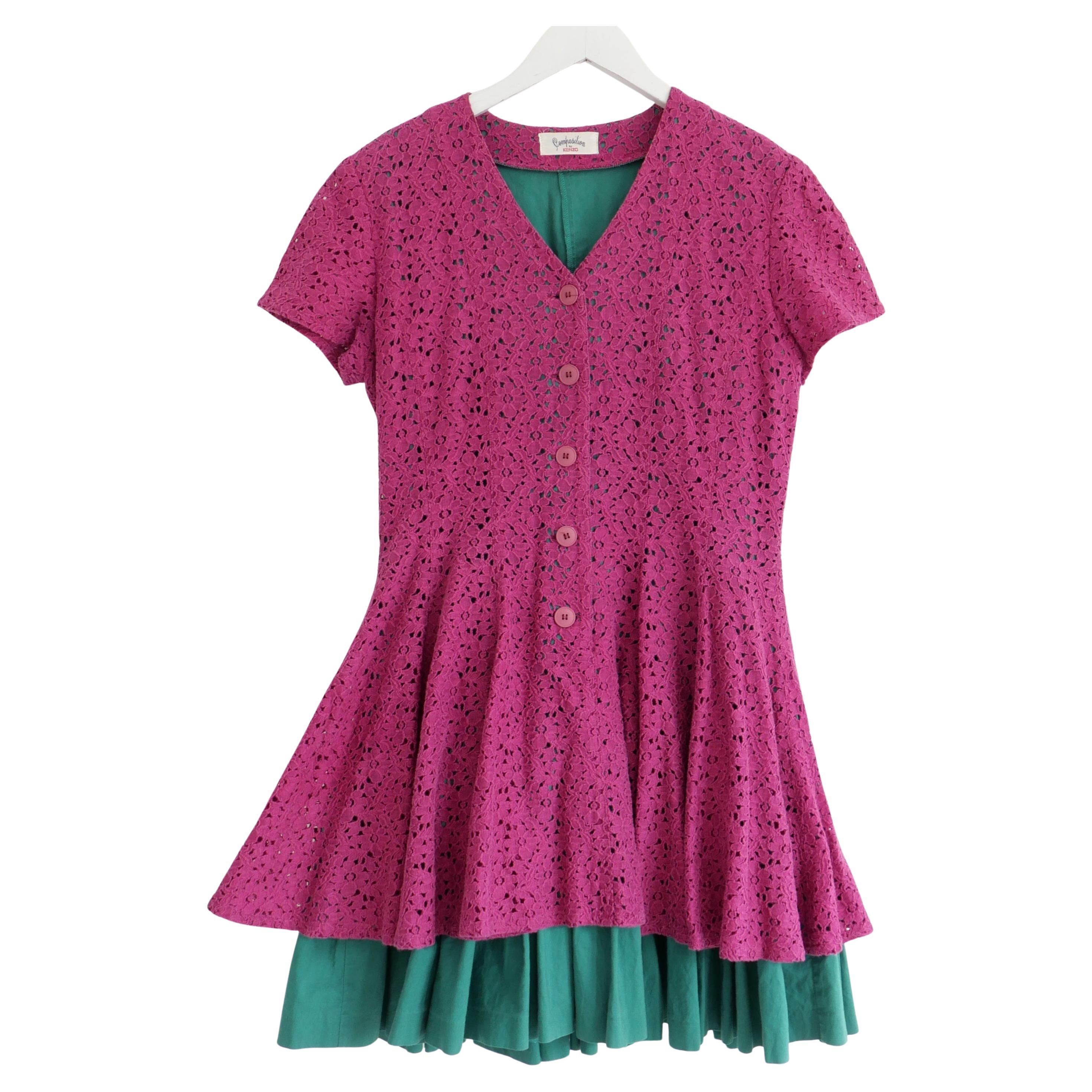 Kenzo Composition 1980S Pink & Green Flared Mini Dress For Sale