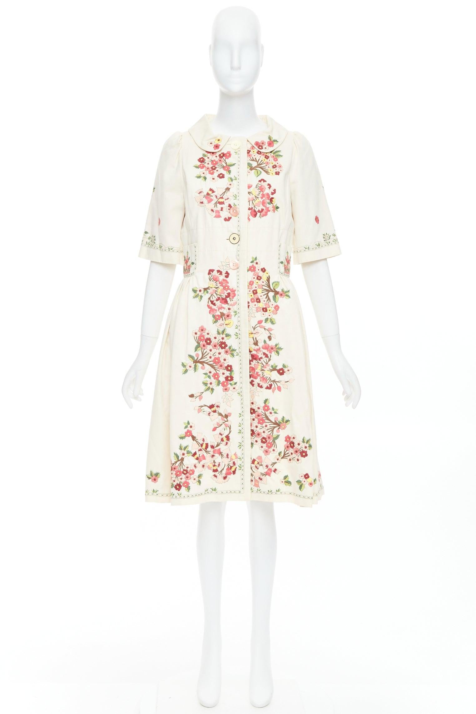 KENZO abito cappotto in cotone con ricamo floreale rosa crema FR38 M. in vendita 5