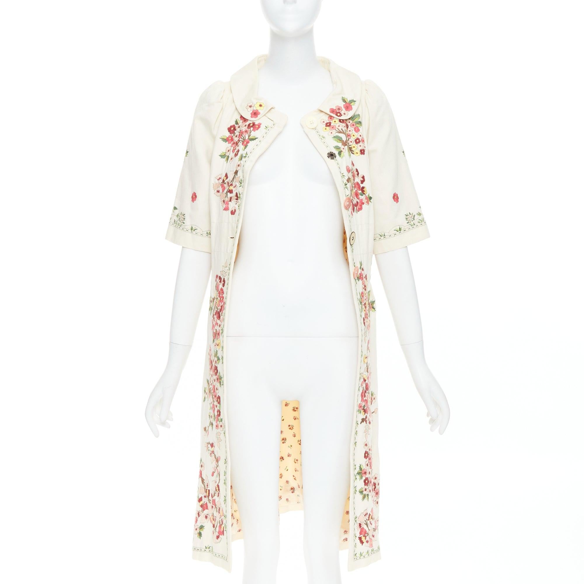 Bianco KENZO abito cappotto in cotone con ricamo floreale rosa crema FR38 M. in vendita