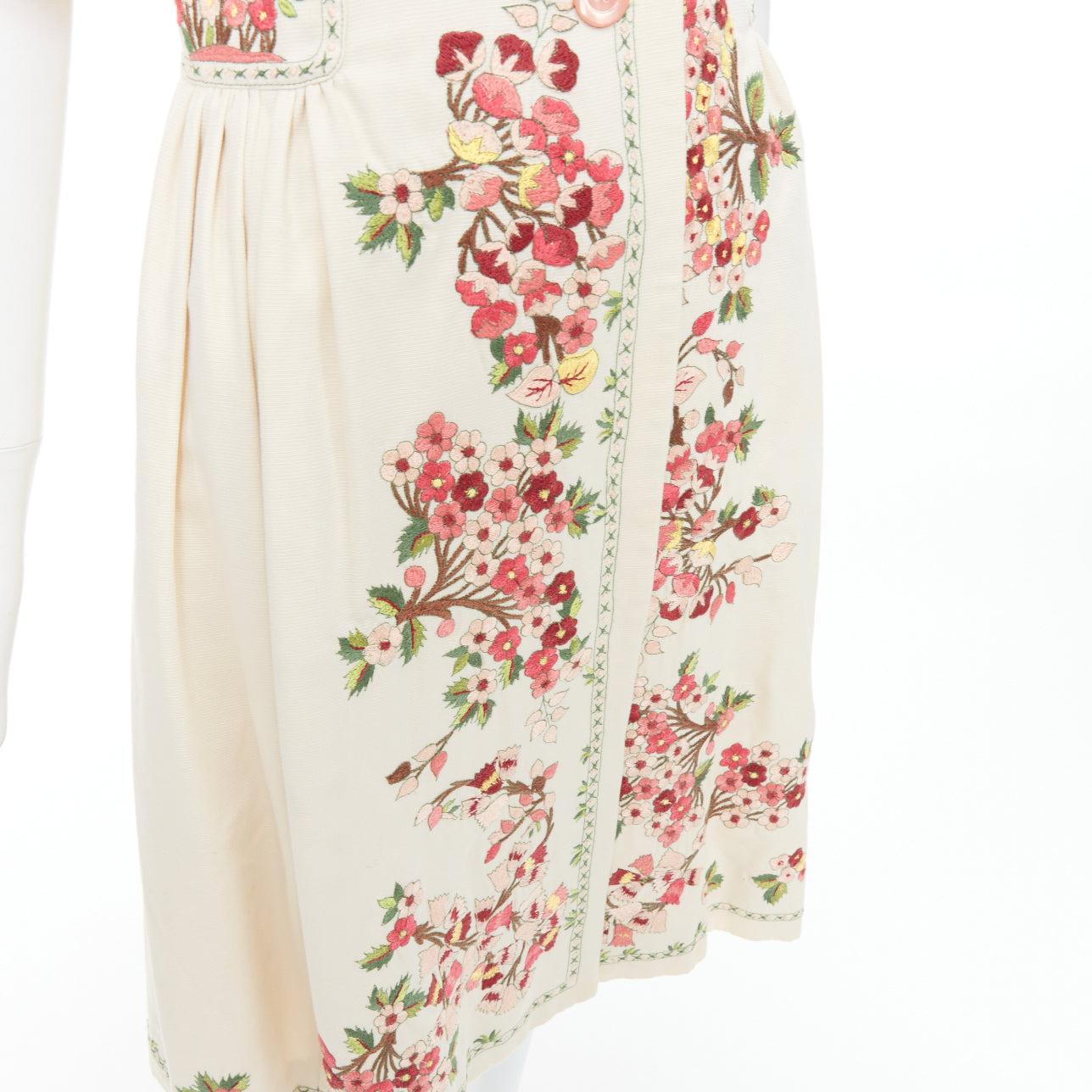 KENZO abito cappotto in cotone con ricamo floreale rosa crema FR38 M. in vendita 3