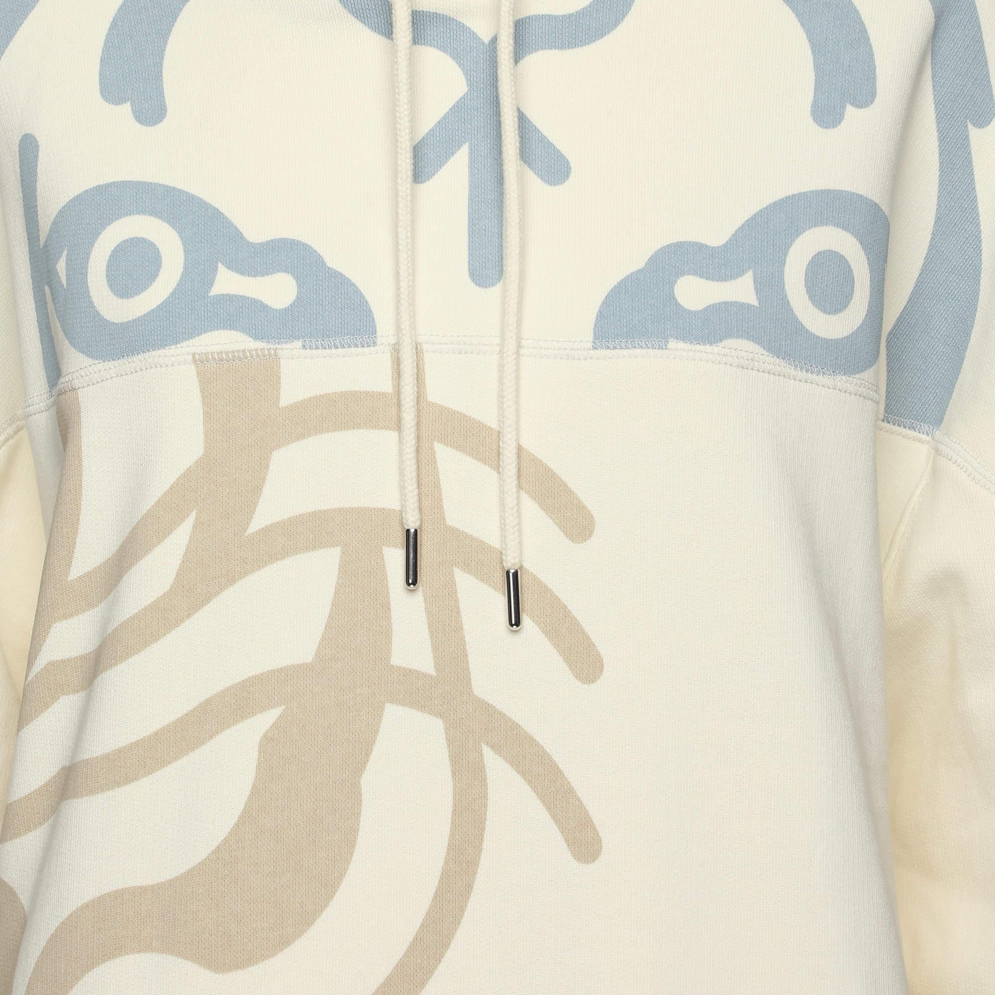 Beige Kenzo Cream Printed Cotton Knit Hoodie Sweatshirt L For Sale