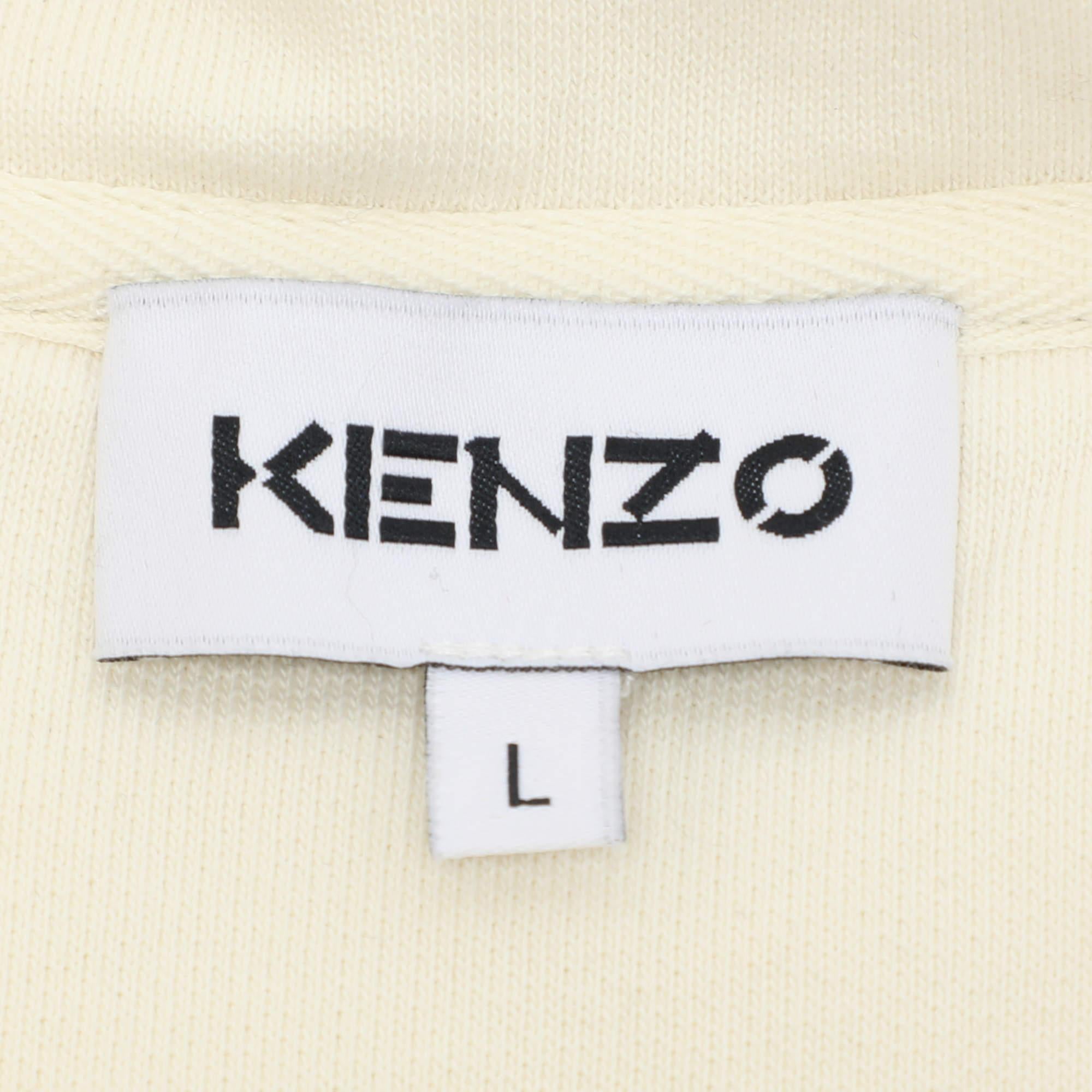 Kenzo Cream Printed Cotton Knit Hoodie Sweatshirt L In Good Condition For Sale In Dubai, Al Qouz 2