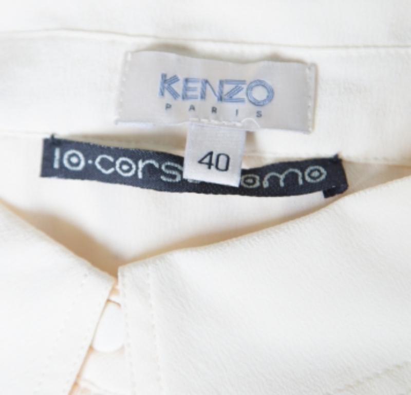 Kenzo Creme Gerüschte Zierleiste Langarm-Seidenbluse M (Beige) im Angebot