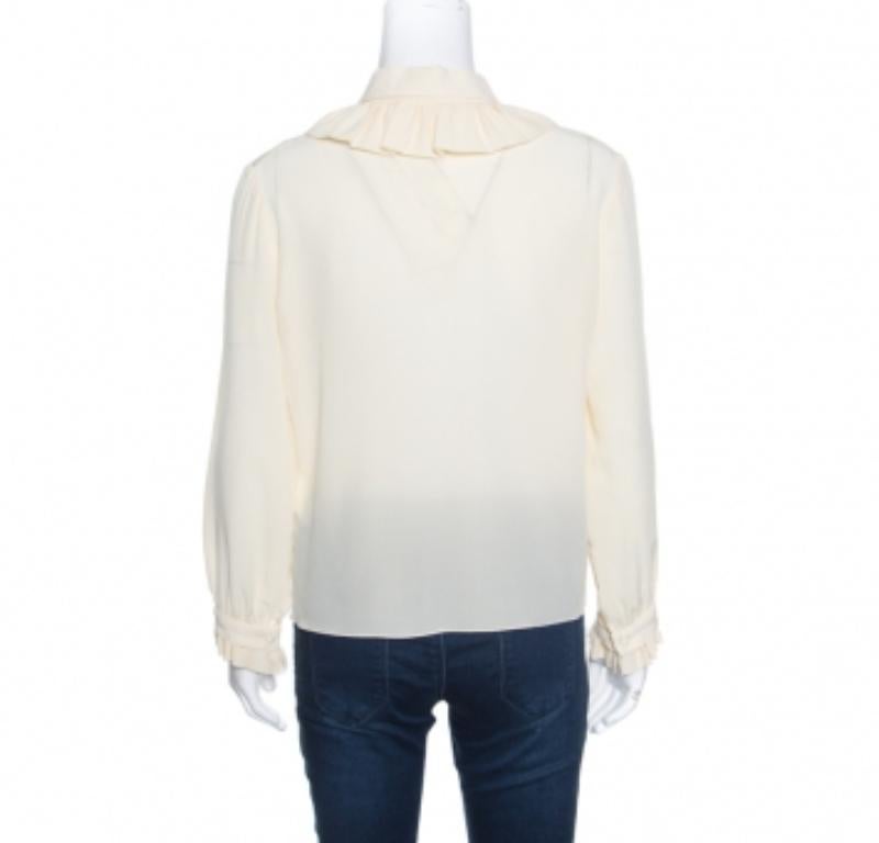 Kenzo Creme Gerüschte Zierleiste Langarm-Seidenbluse M im Zustand „Gut“ im Angebot in Dubai, Al Qouz 2