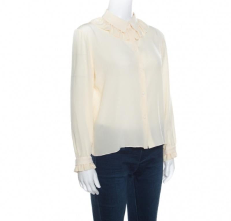 Kenzo Creme Gerüschte Zierleiste Langarm-Seidenbluse M Damen im Angebot