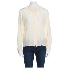 Kenzo Cream Ruffled Trim Detail Long Sleeve Silk Blouse M