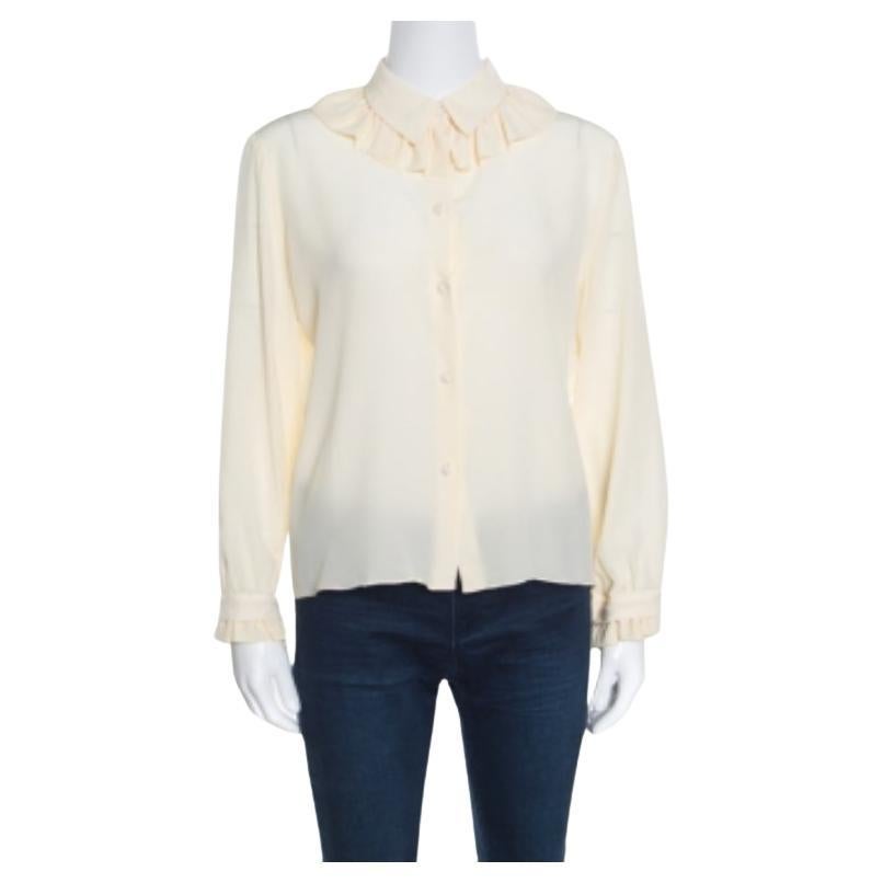 Kenzo Creme Gerüschte Zierleiste Langarm-Seidenbluse M im Angebot