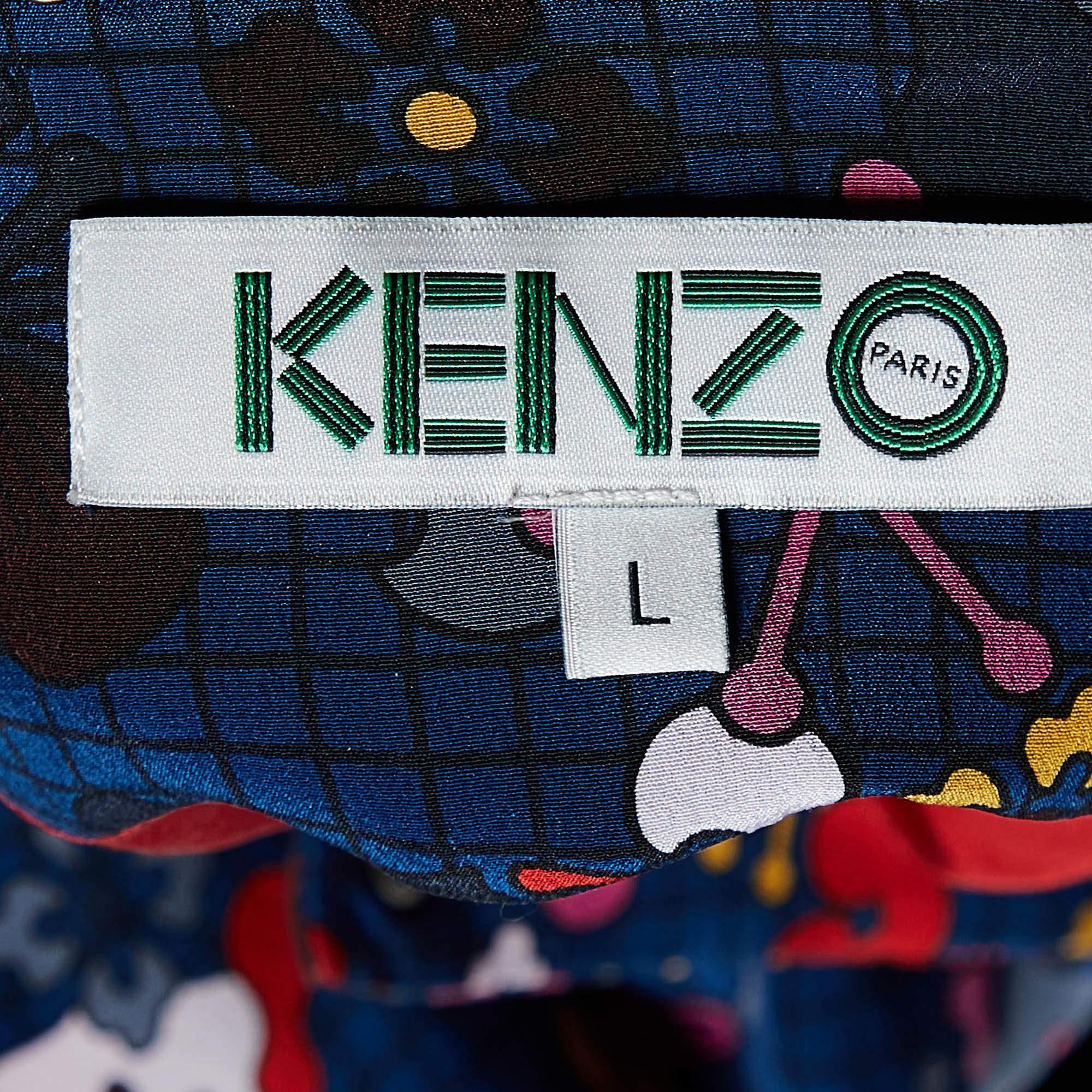 Kenzo Dark Blue Floral Print Silk Track Suit M/L In Good Condition In Dubai, Al Qouz 2