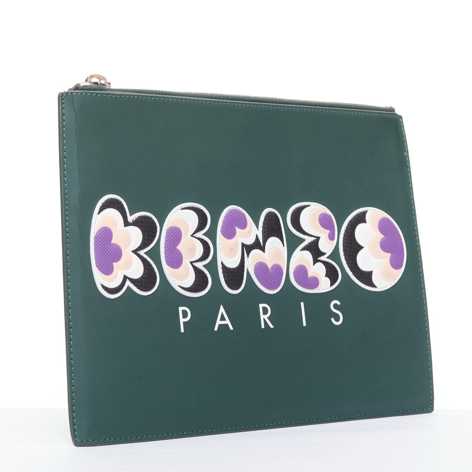 Gray KENZO dark green purple debossed rubber logo portfolio zip clutch For Sale