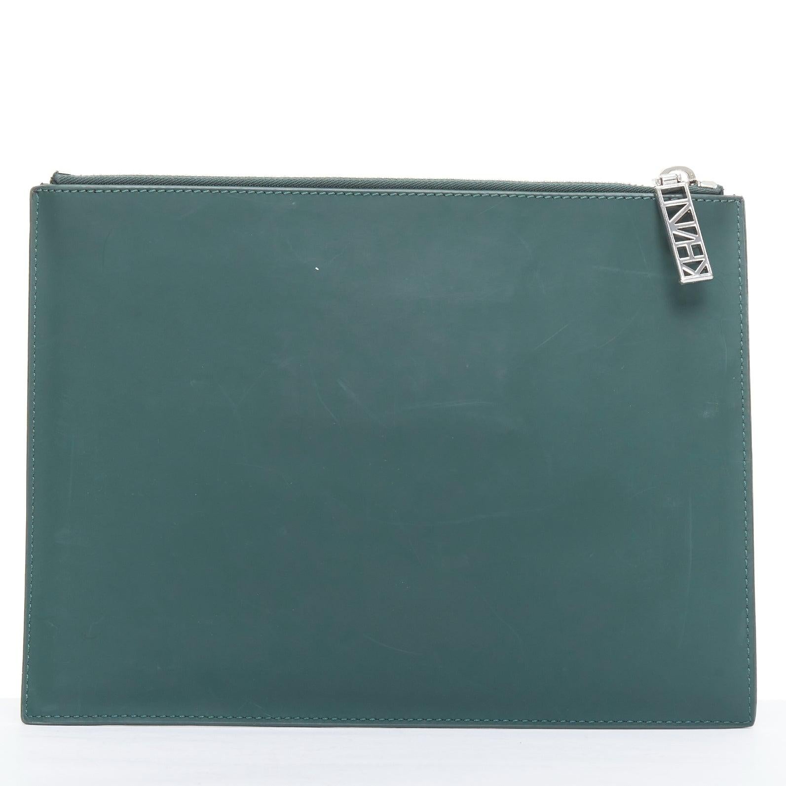 KENZO dark green purple debossed rubber logo portfolio zip clutch In Fair Condition For Sale In Hong Kong, NT
