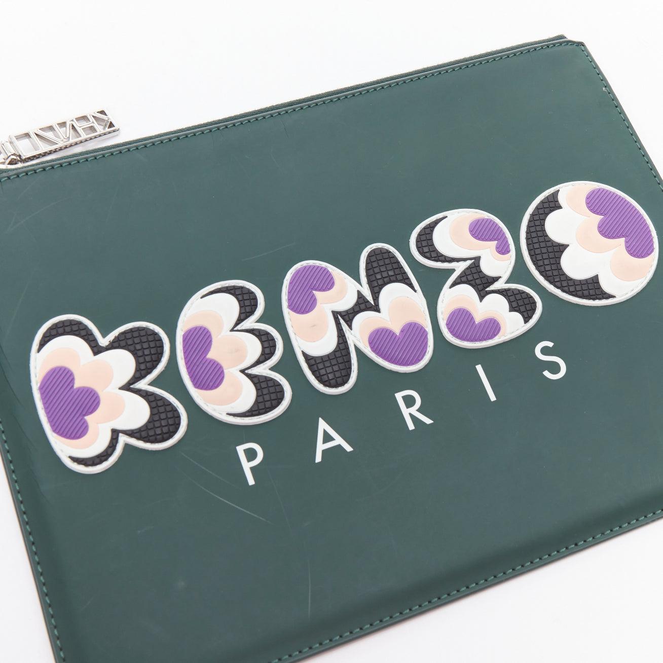Men's KENZO dark green purple debossed rubber logo portfolio zip clutch For Sale