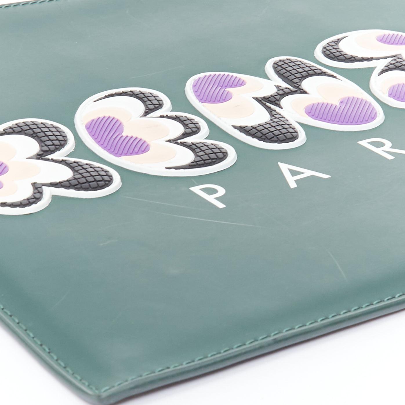 KENZO dark green purple debossed rubber logo portfolio zip clutch For Sale 2