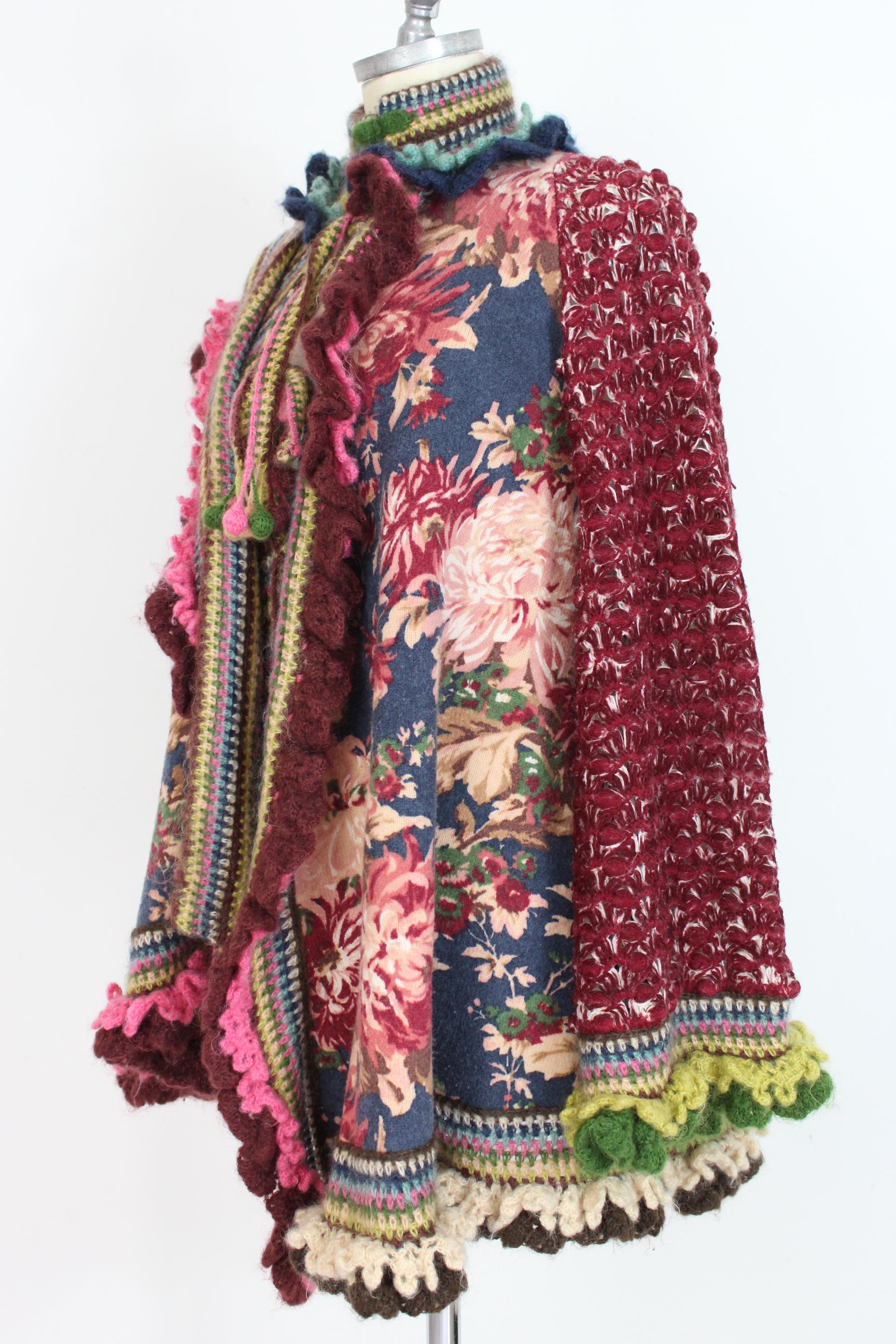 Red Kenzo Defile Burgundy Blue Wool Floral Perforated Poncho Large Jacket