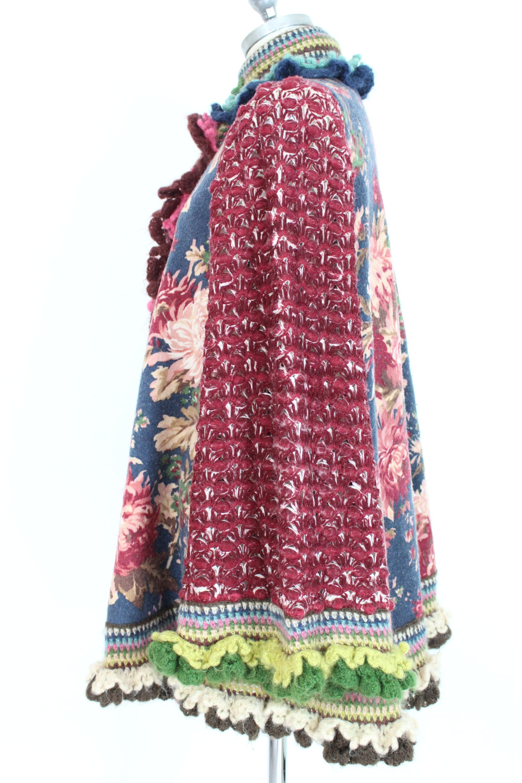 Kenzo Defile Burgundy Blue Wool Floral Perforated Poncho Large Jacket In Good Condition In Brindisi, Bt