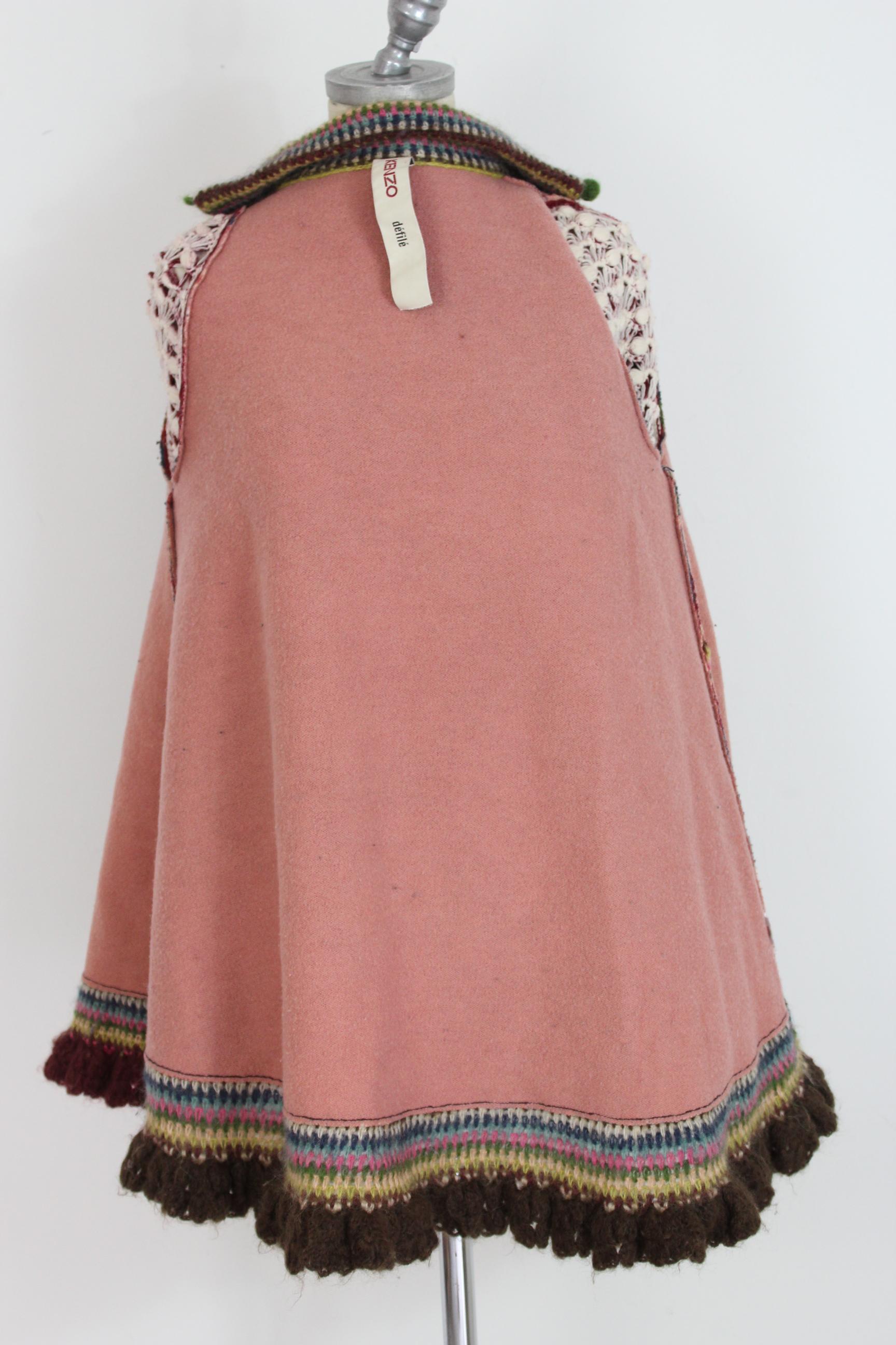 Kenzo Defile Burgundy Blue Wool Floral Perforated Poncho Large Jacket 1