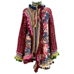 Kenzo Defile Burgund Blau Wolle Floral Perforierte Poncho Große Jacke