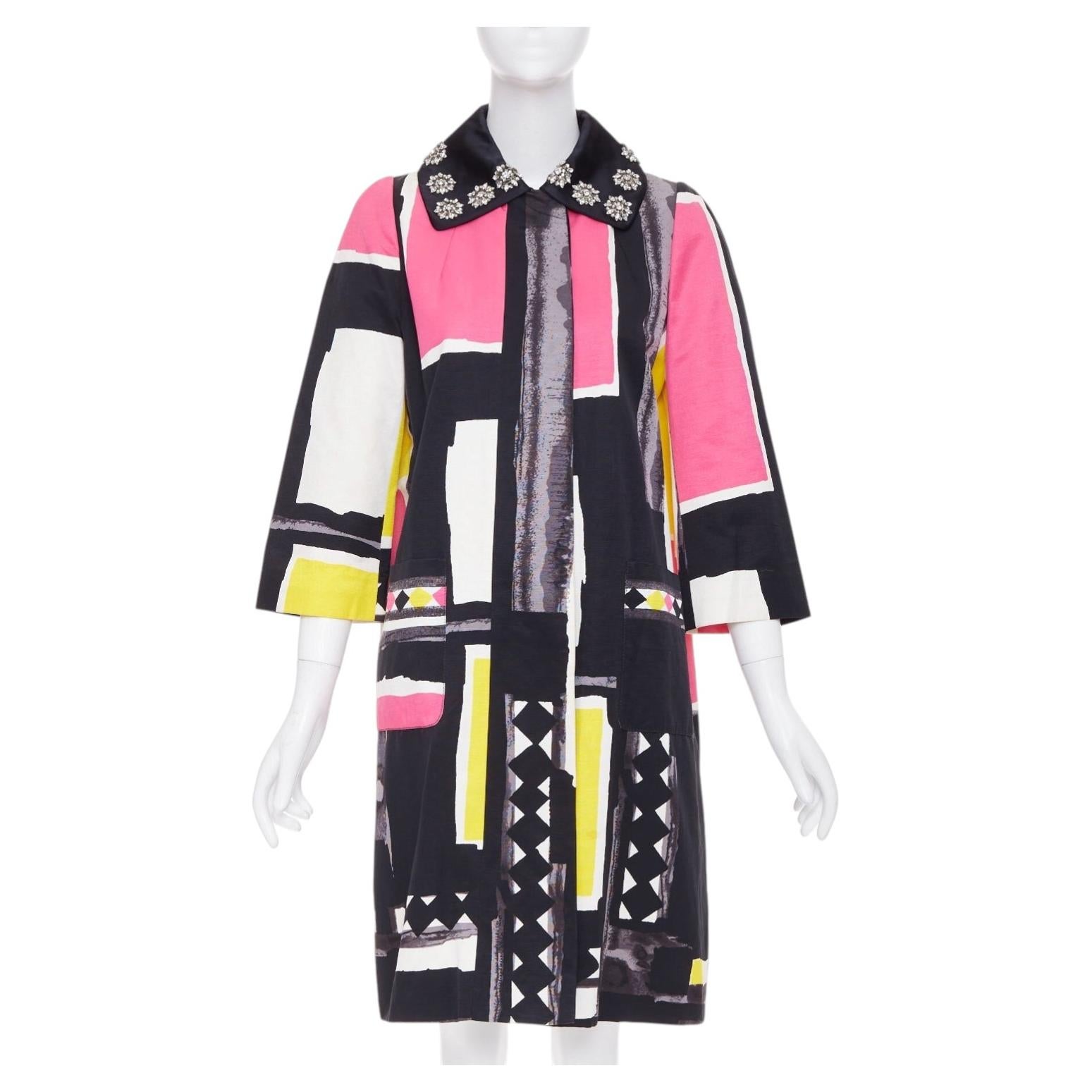 Pre-owned Kenzo Defile Vintage Pink Black Abstract Geometric Crystal Collar Coat Fr42 Xl