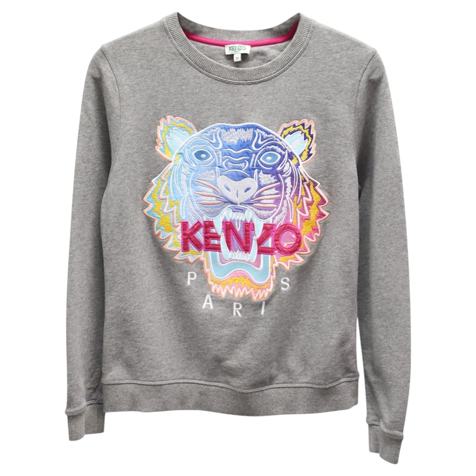 Sweat-shirt Kenzo gris en coton avec motif tigre brodé